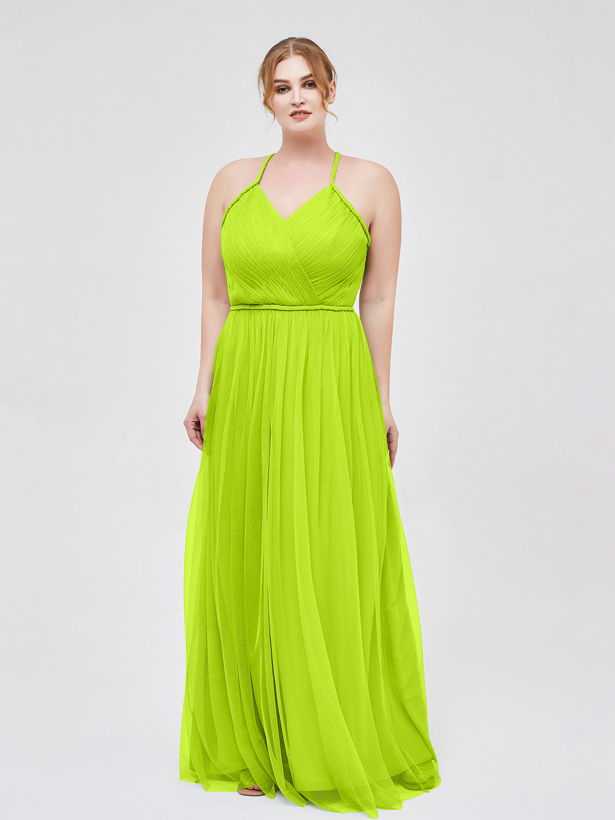 Long Halter Chiffon Dress with Back Double Straps Lime Green Plus Size