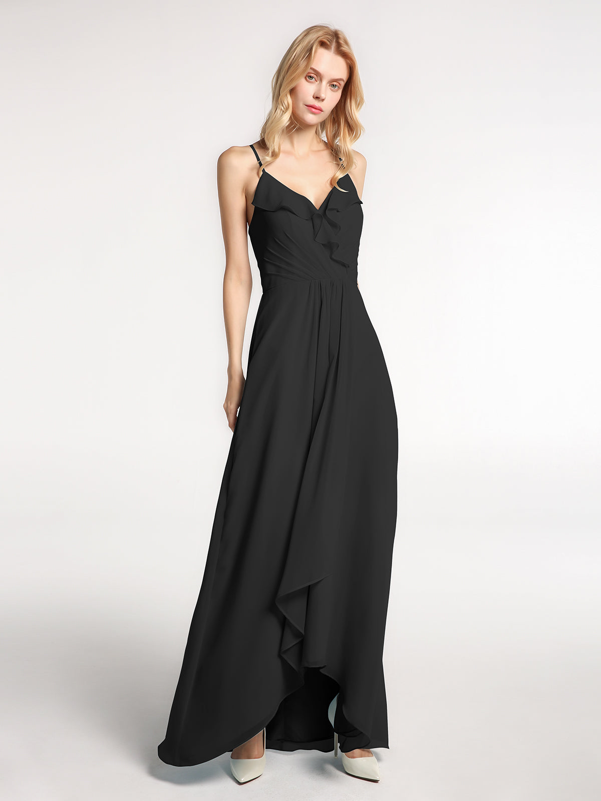 Full-length Spaghetti Strap Off Shoulder Chiffon Gown Black Plus Size