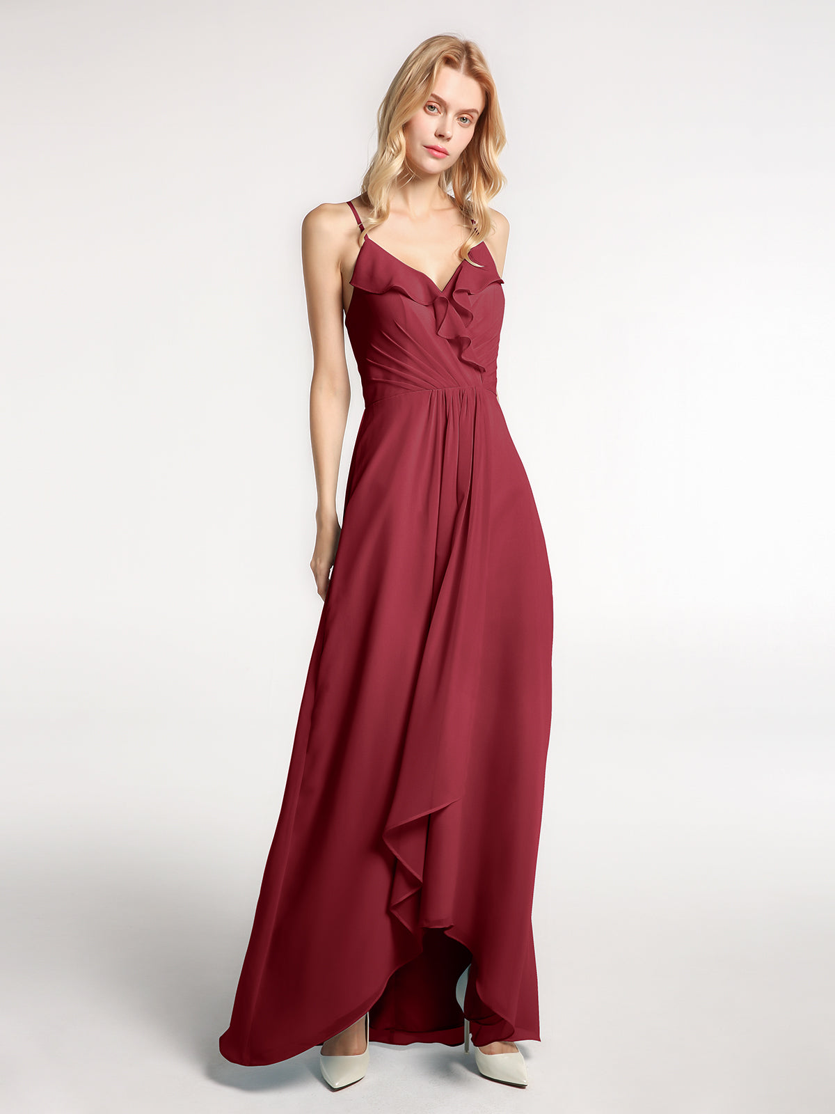 BABARONI Spaghetti Strap Ruffles High Low Chiffon Dress-Burgundy, Burgundy / US0 BABARONI Spaghetti Strap Ruffles High Low Chiffon Dress-Burgundy, Burgundy / US0
