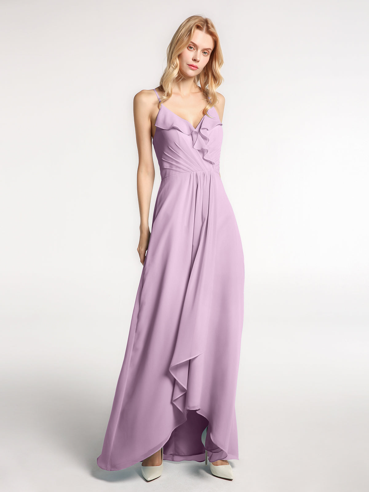 Spaghetti Strap Chiffon Dresses with Shoulder Ruffles Fuchsia main image 1