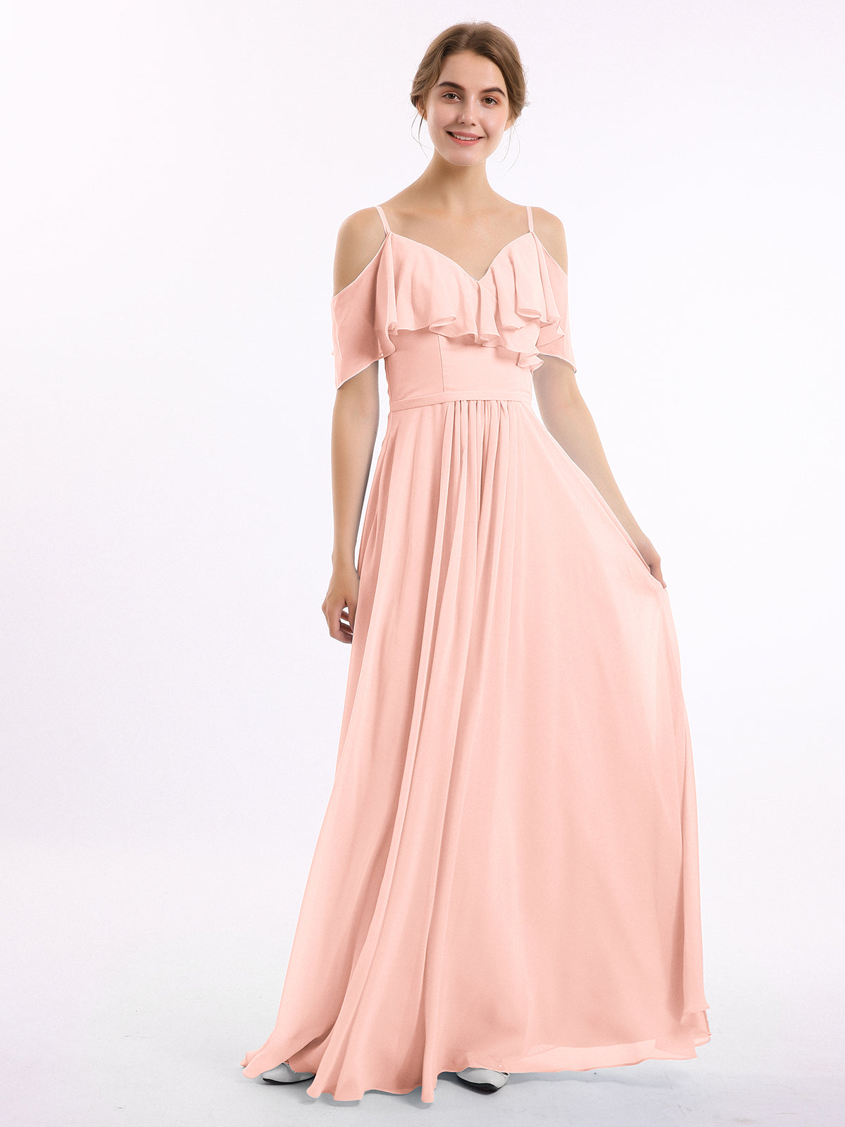 fitted lace wedding dress Berylove Women Coral Maxi Dress Off The Shoulder Pleated Ruffled Floral Wedding Party Guest Dress with Slit, Coral / S main image 1