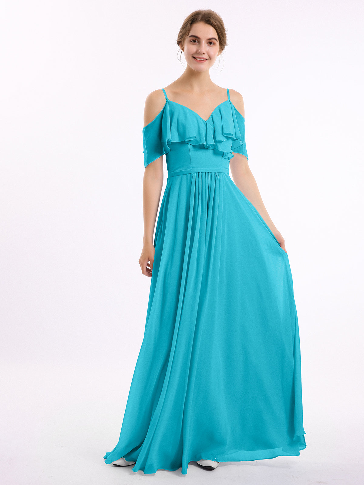 Off the Shoulder Spaghetti Strap Chiffon Gowns Ink Blue