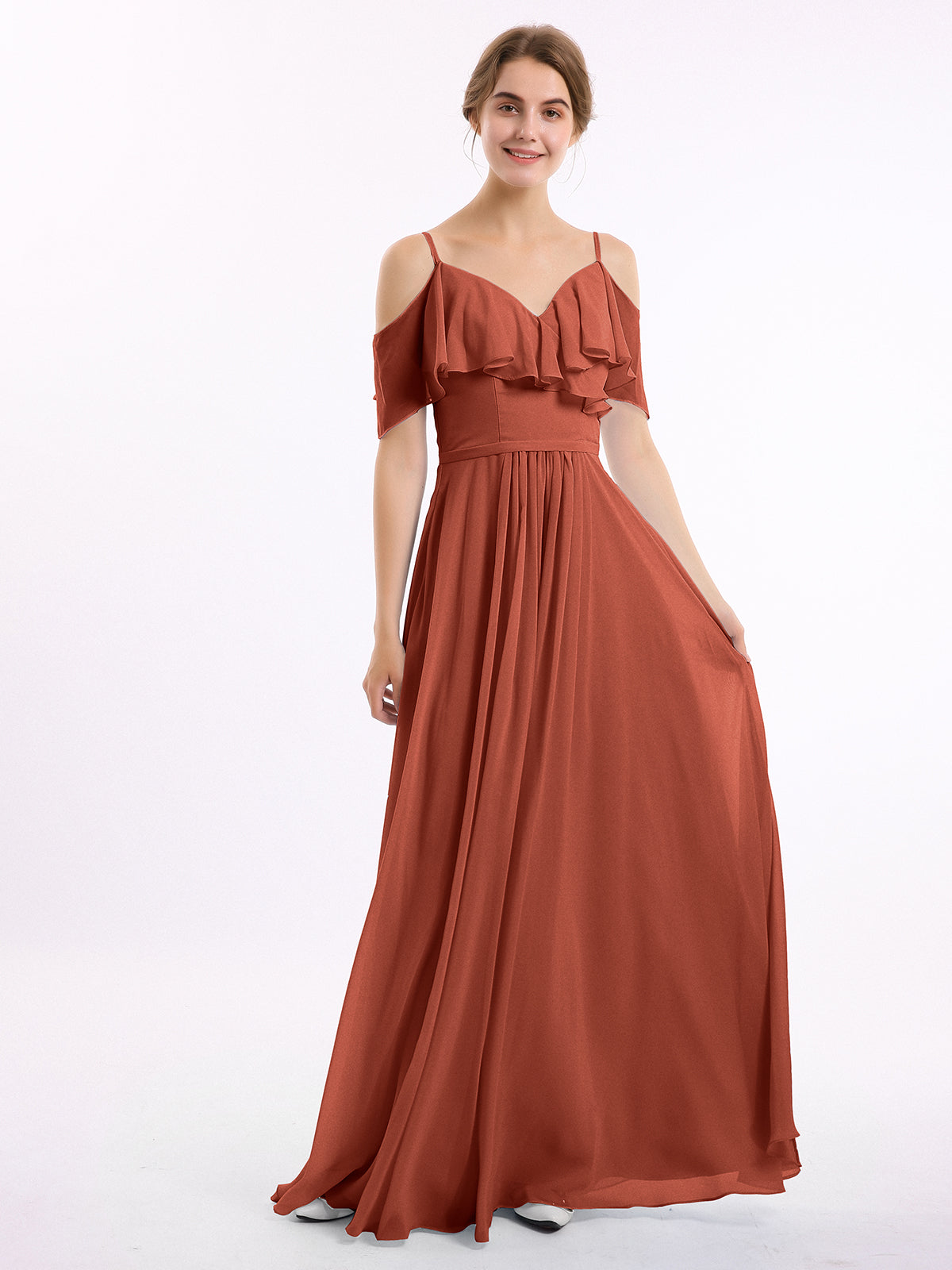 Off The Shoulder Chiffon Dresses with Spaghetti Straps Rust Plus Size main image 1