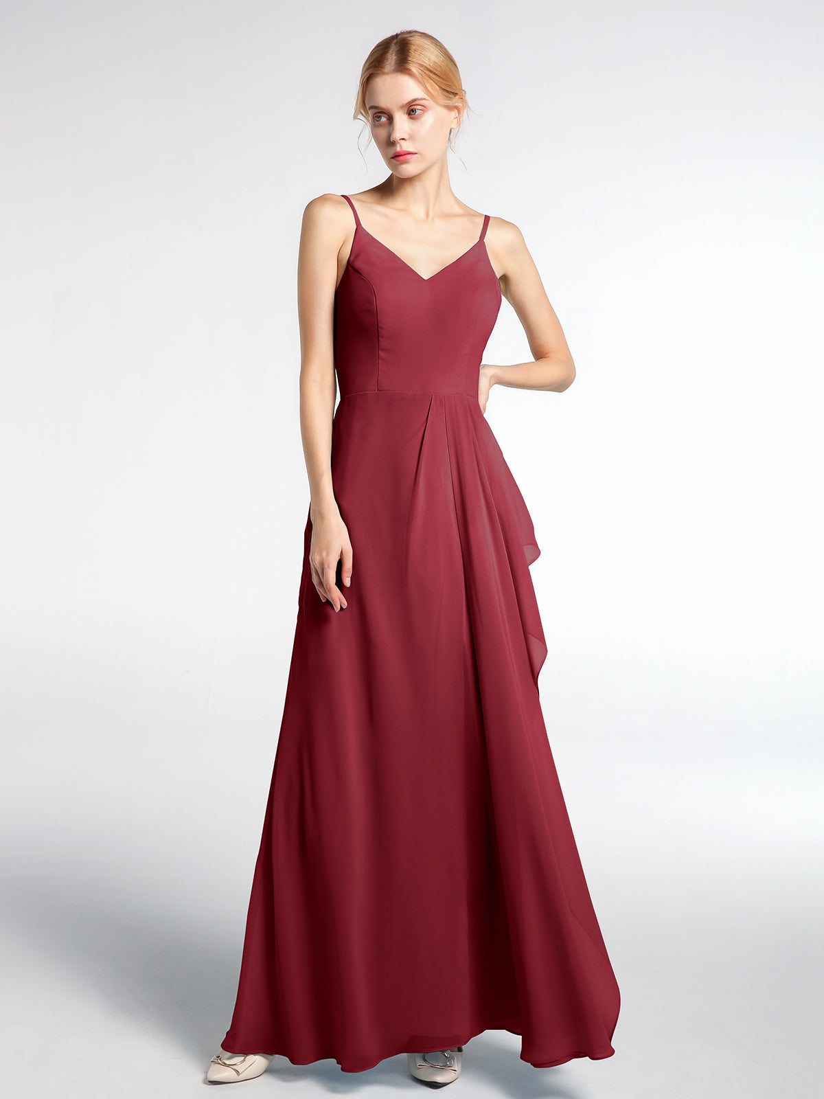 BABARONI V-Neck Chiffon Simple Maxi Dress with Spaghetti Straps-Burgundy Plus size, Burgundy / US18