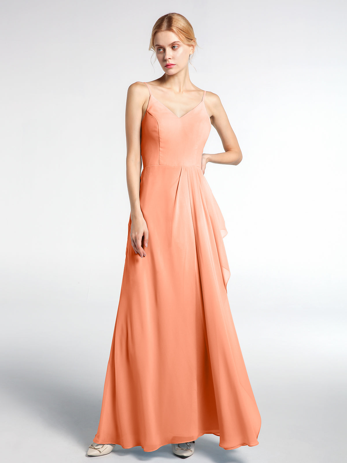 Off the Shoulder Spaghetti Strap Chiffon Gowns Papaya