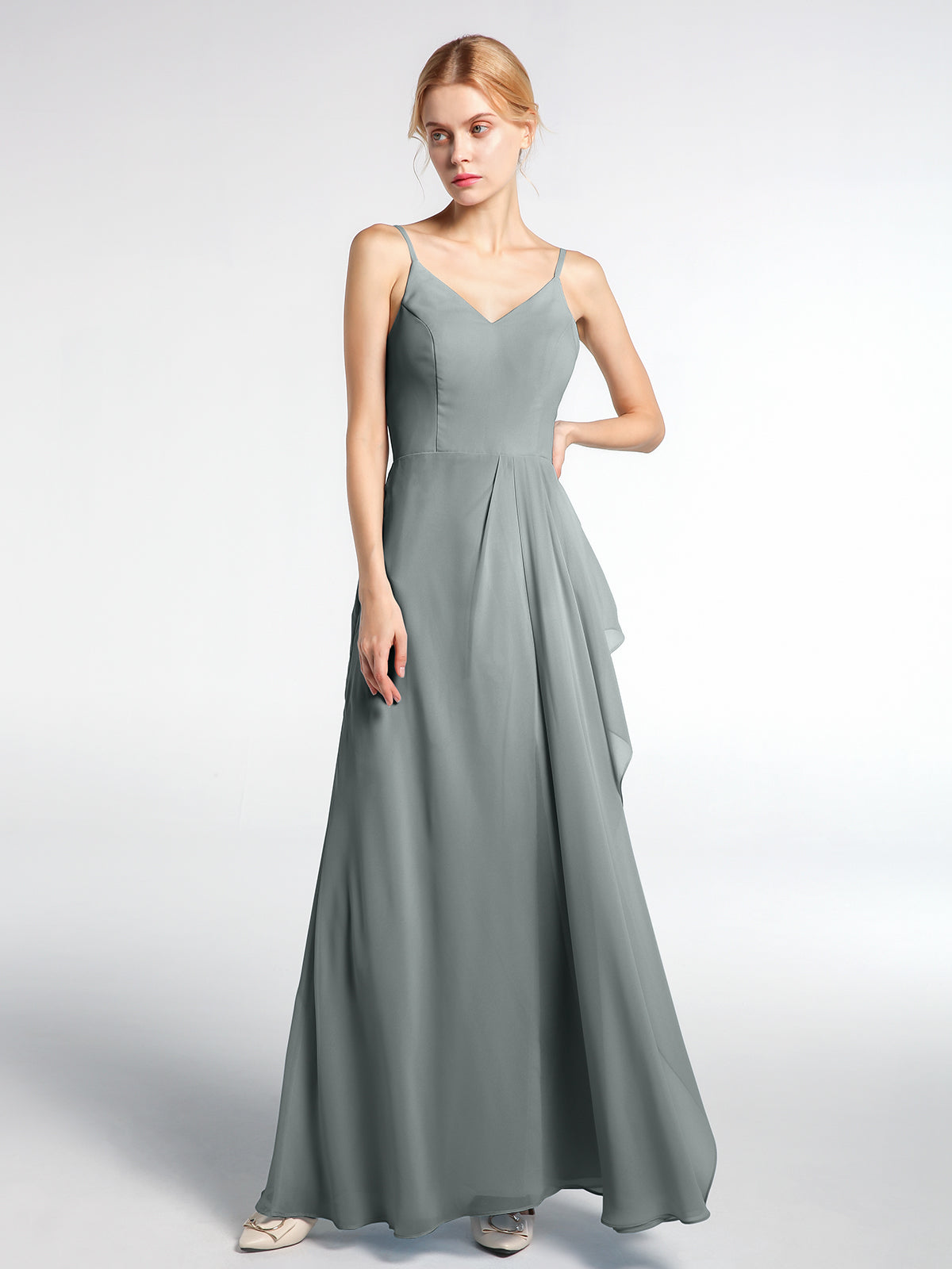 V-neck Chiffon Simple Dress with Spaghetti Straps Peacock