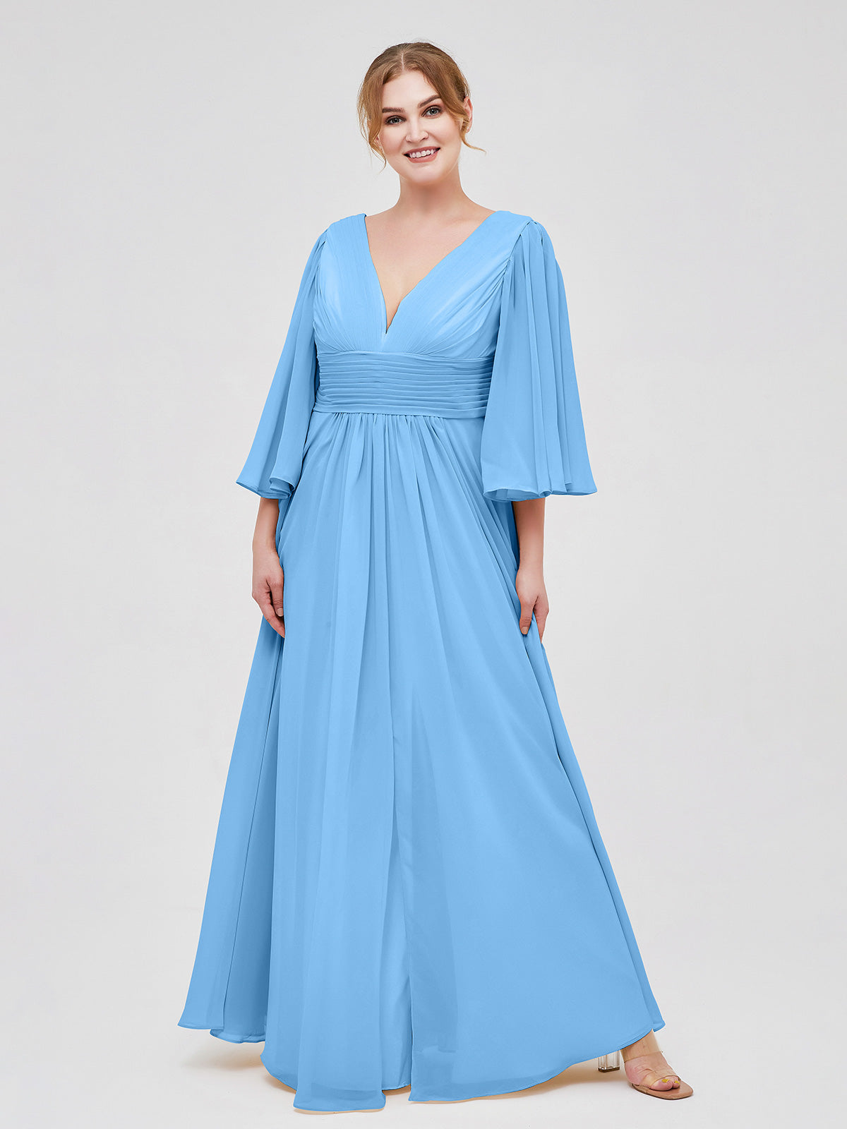 Blue Plus Size Chiffon Bridesmaid Dress - Deep V-Neck & Flutter Sleeves Flowy Gownwith Slit | BABARONI Blue Plus Size Chiffon Bridesmaid Dress - Deep V-Neck & Flutter Sleeves Flowy Gownwith Slit | BABARONI