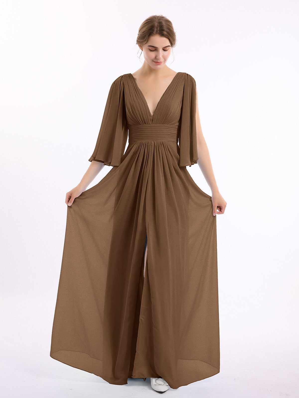 BABARONI Chiffon Brown Bridesmaid Dresses Plunging V-Neck Floor-length