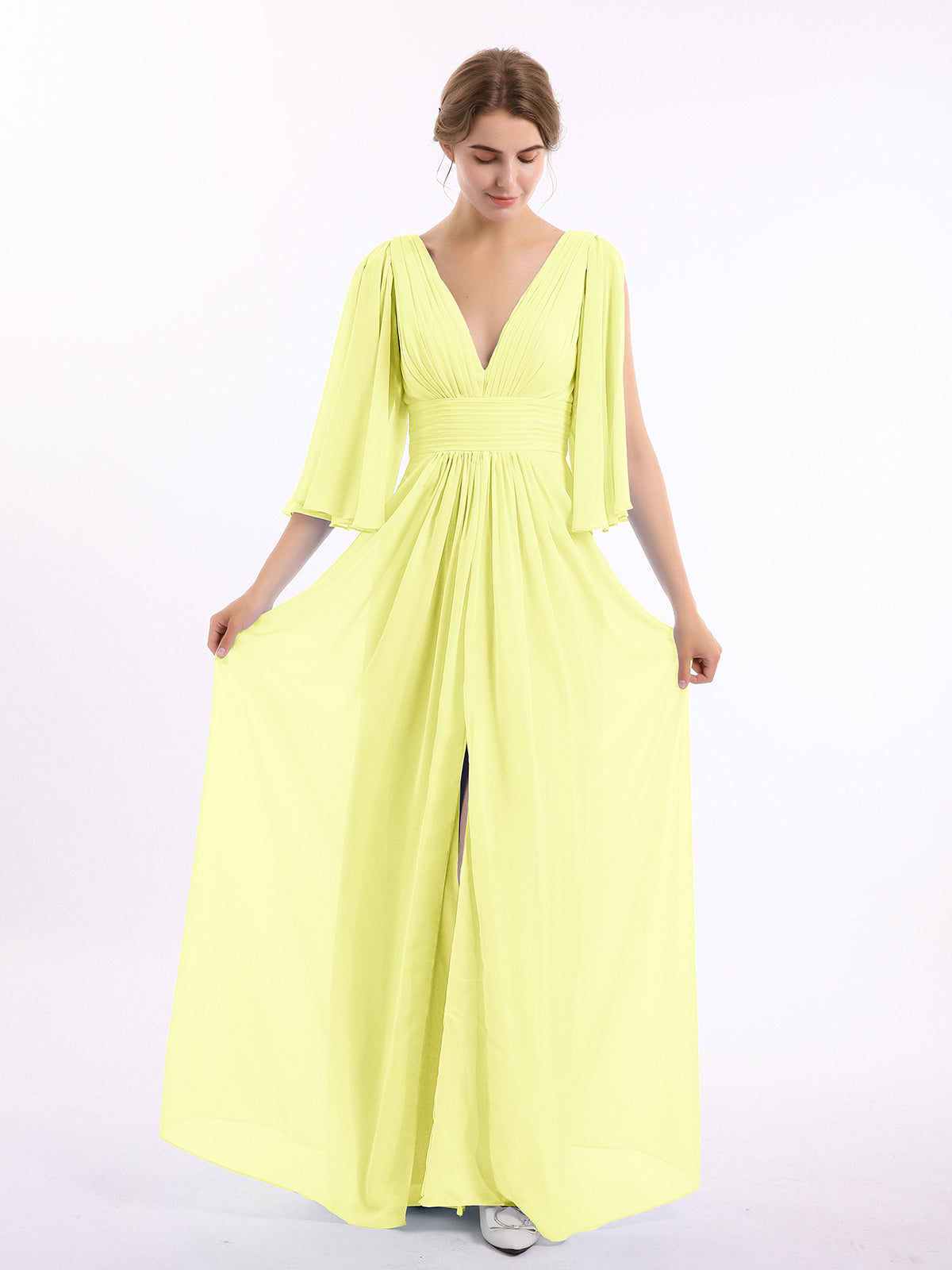 Lace and Chiffon v-NECK Dress with Slit Daffodil