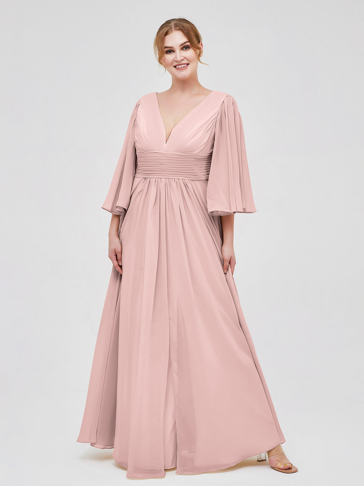 Pleated V-neck Chiffon Long Dress With Slit Dusty Rose main image 0