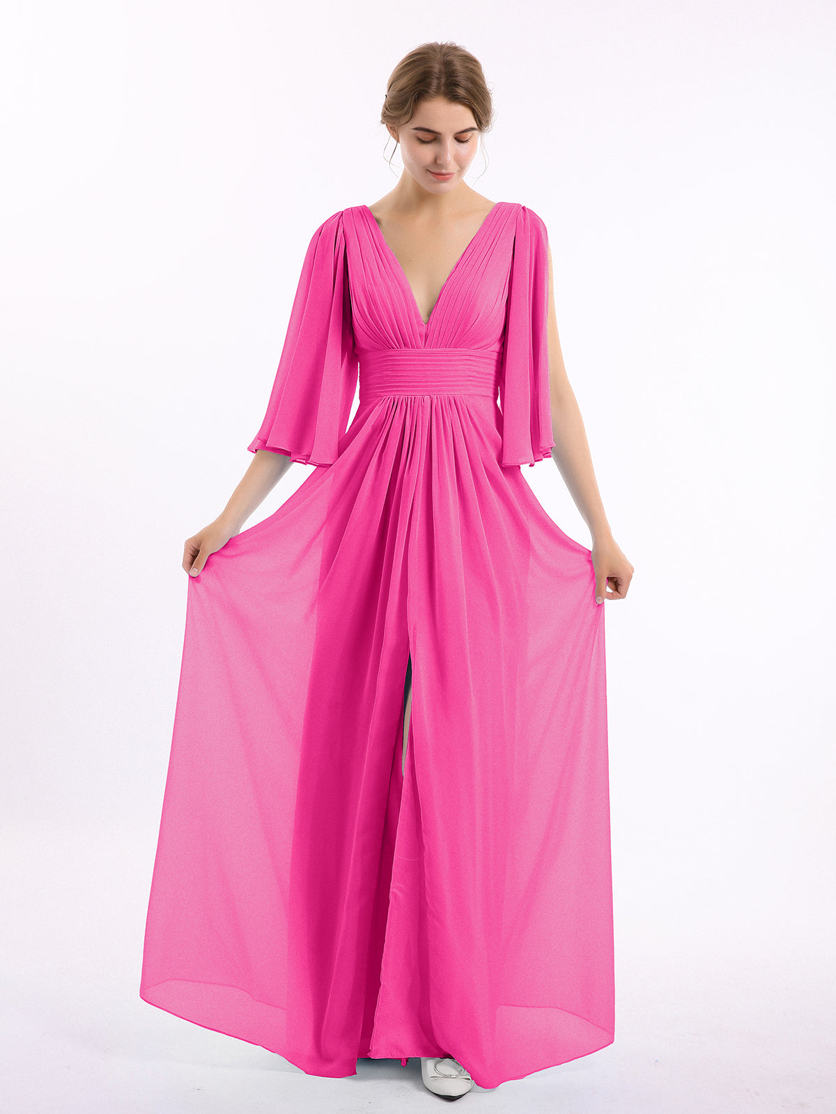 Deep-V Neck Chiffon Dresses with Slit Pockets Pearl Pink
