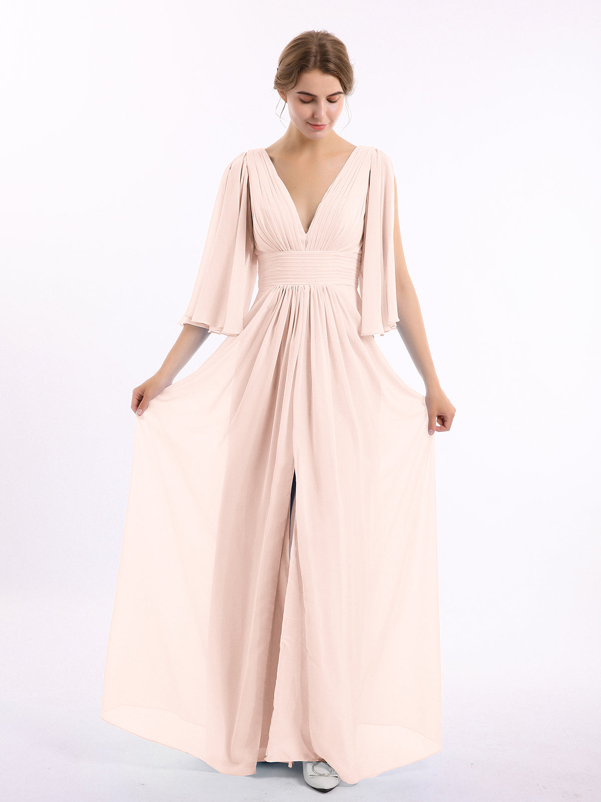 Deep-V Neck Chiffon Dresses with Slit Pockets Chocolate