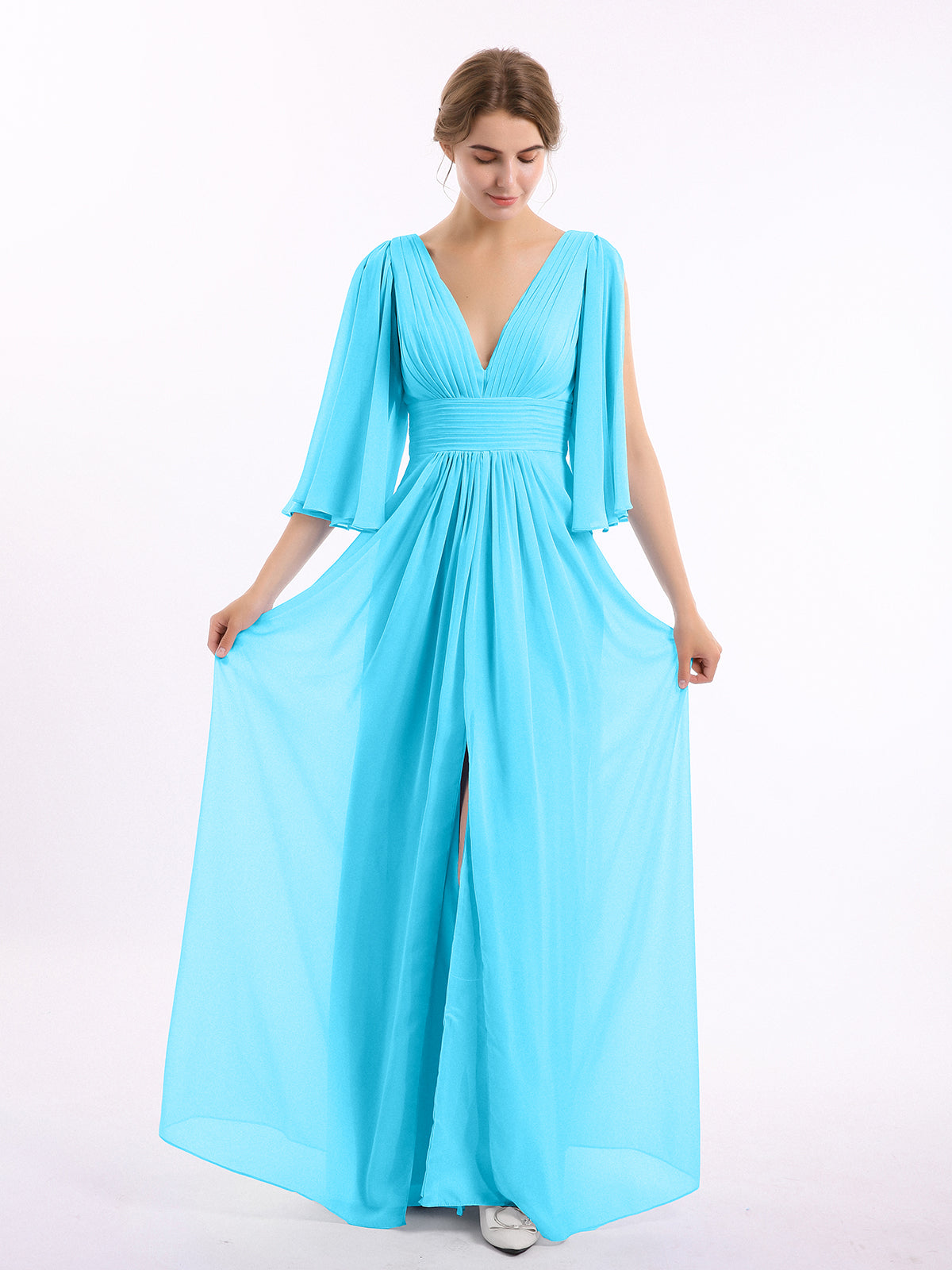 BABARONI Deep V-Neck Chiffon Dresses with Slit Pool, Pool / US0