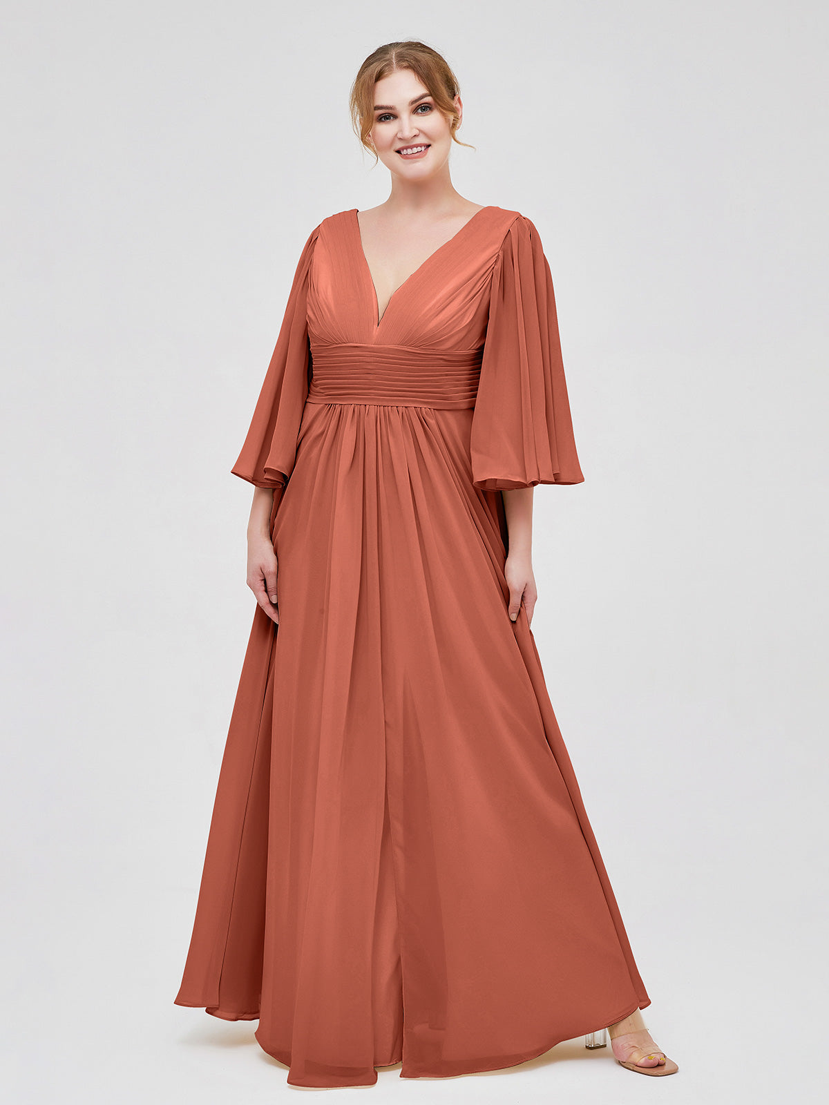 Rust Plus Size Chiffon Bridesmaid Dress - Deep V-Neck & Flutter Sleeves Flowy Gownwith Slit | BABARONI