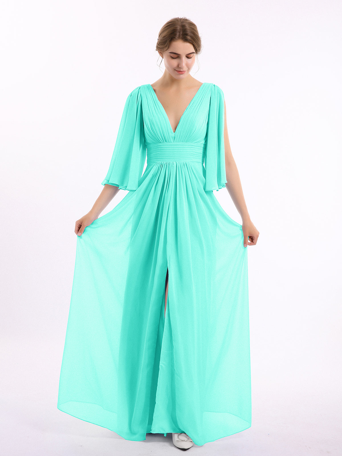 V-Neck Chiffon Dresses with Cap Sleeves Spa