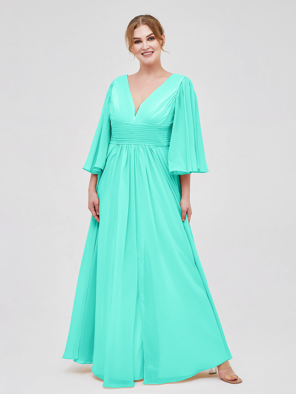 Plus Size Spa Chiffon Bridesmaid Dress - Deep V-Neck & Flutter Sleeves Flowy Gownwith Slit
