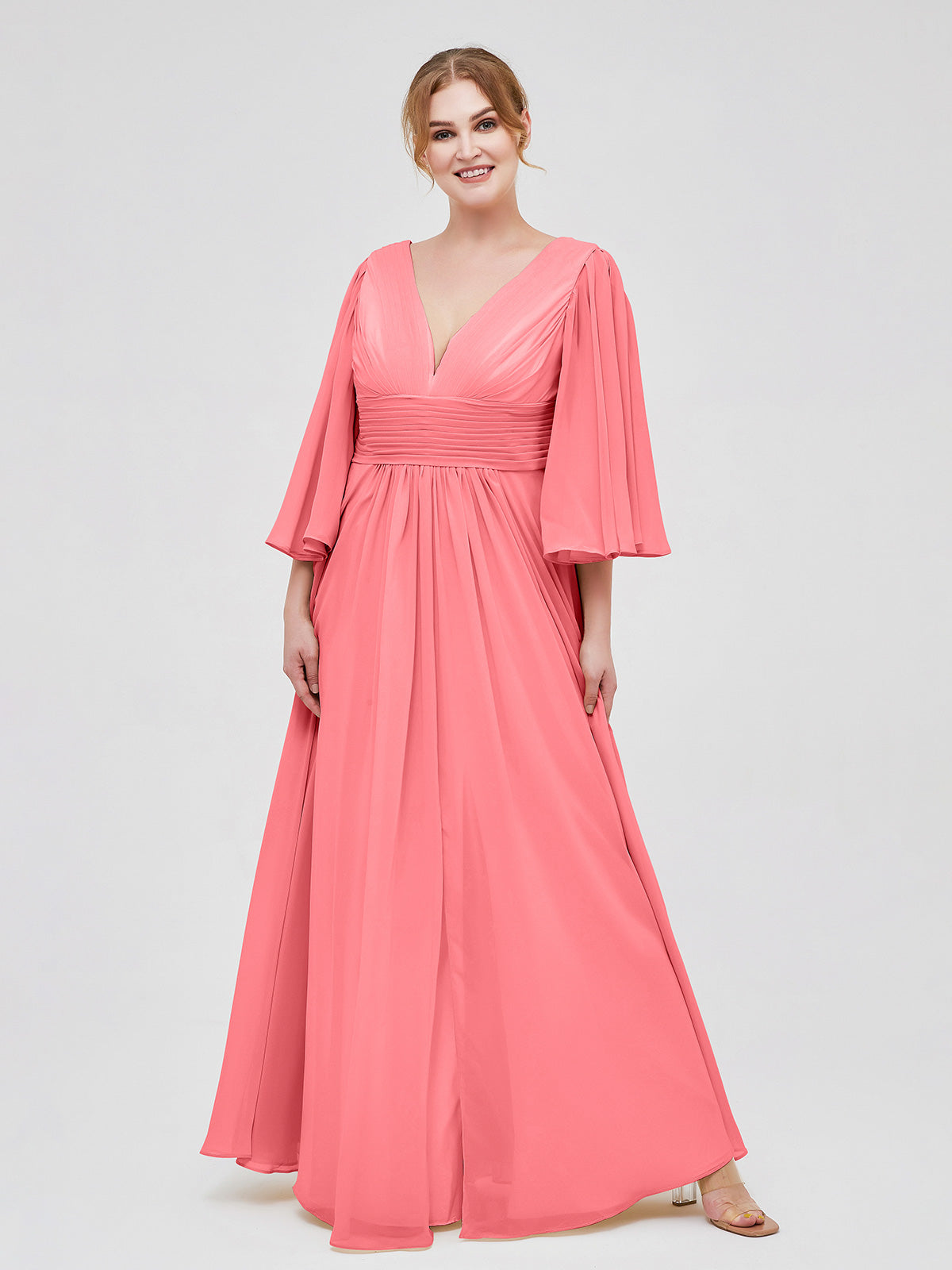 Watermelon Plus Size Chiffon Bridesmaid Dress - Deep V-Neck & Flutter Sleeves Flowy Gownwith Slit | BABARONI