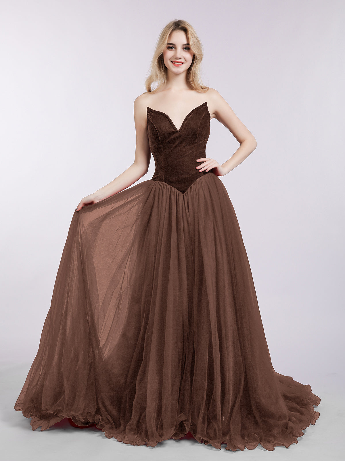 BABARONI Sweetheart Neck Tulle Dress with Train-Chocolate, Chocolate / US0