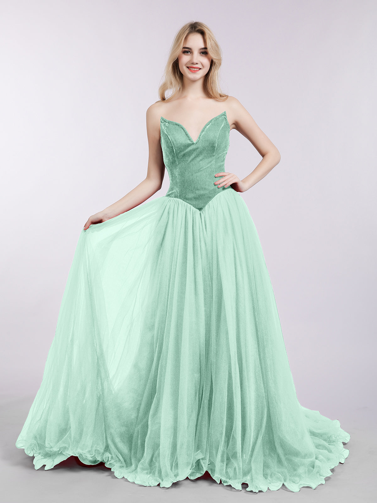 BABARONI Tulle Mint Green Bridesmaid Dresses Sweetheart Sweep/Brush Train Sleeveless A-line BABARONI Tulle Mint Green Bridesmaid Dresses Sweetheart Sweep/Brush Train Sleeveless A-line