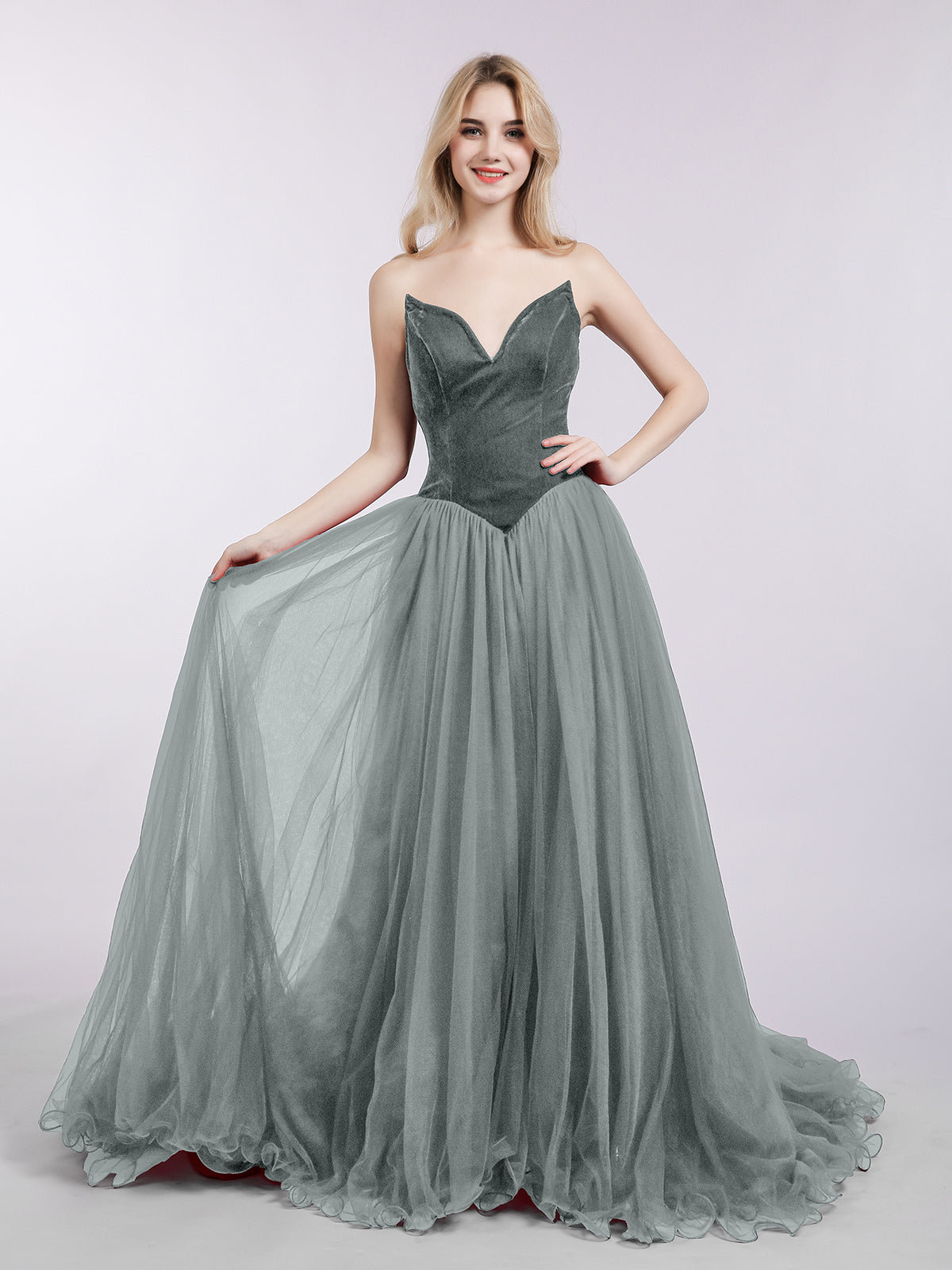 strapless open back dress Gray A Line Tulle V Neck Sequin Long Prom Dresses main image 1