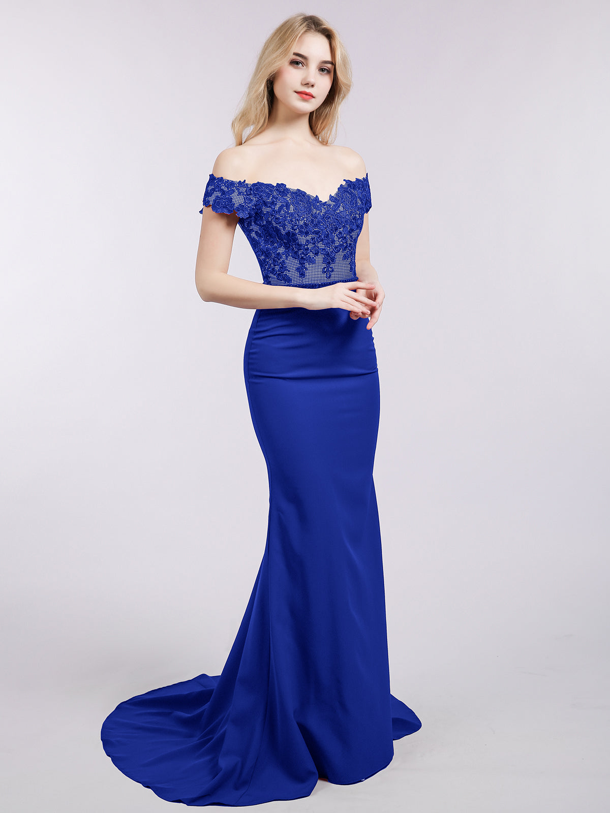 chinese dress ladies BABARONI Off Shoulder Mermaid Gown with Train-Royal Blue, Royal Blue / US0