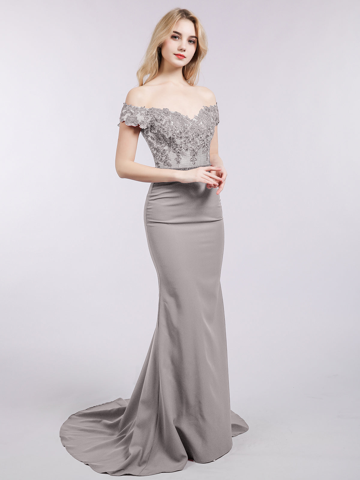 BABARONI Off Shoulder Mermaid Gown with Train-Silver, Silver / US0