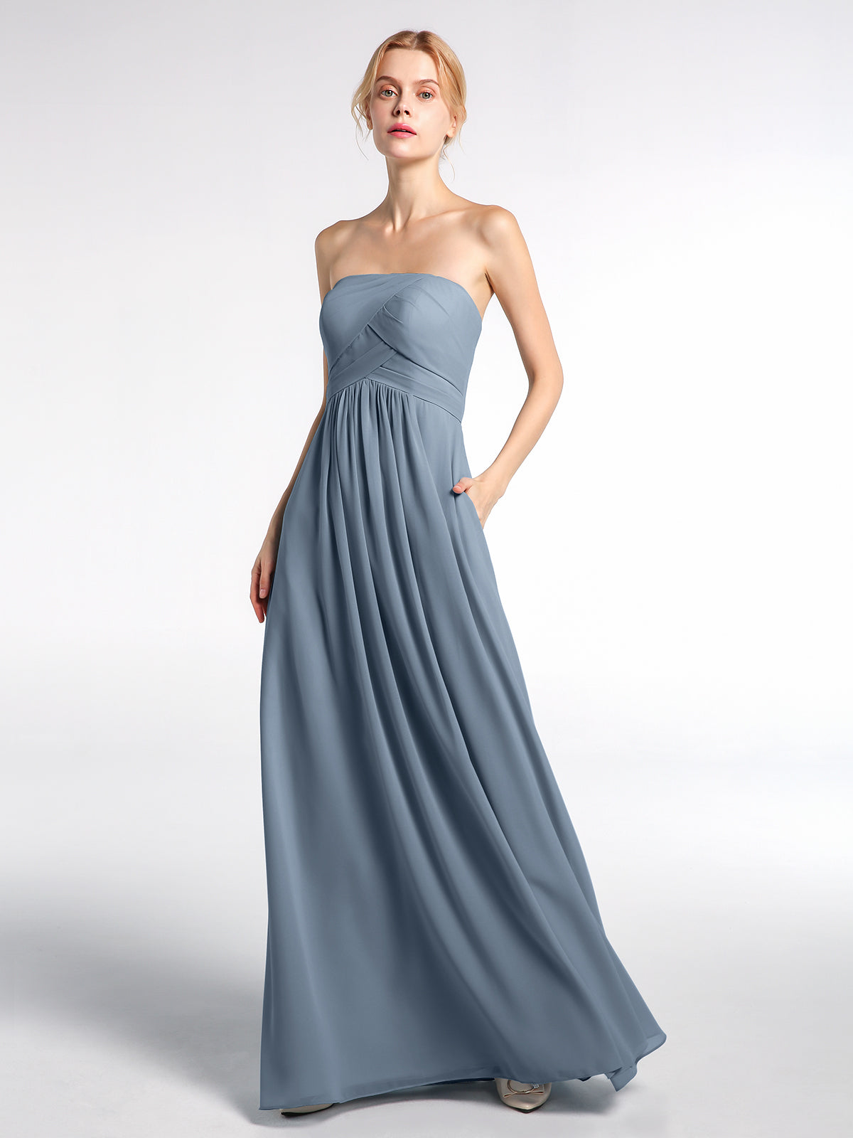BABARONI Strapless Chiffon Empire Waist Dress with Pockets-Dusty Blue, Dusty Blue / US0 BABARONI Strapless Chiffon Empire Waist Dress with Pockets-Dusty Blue, Dusty Blue / US0