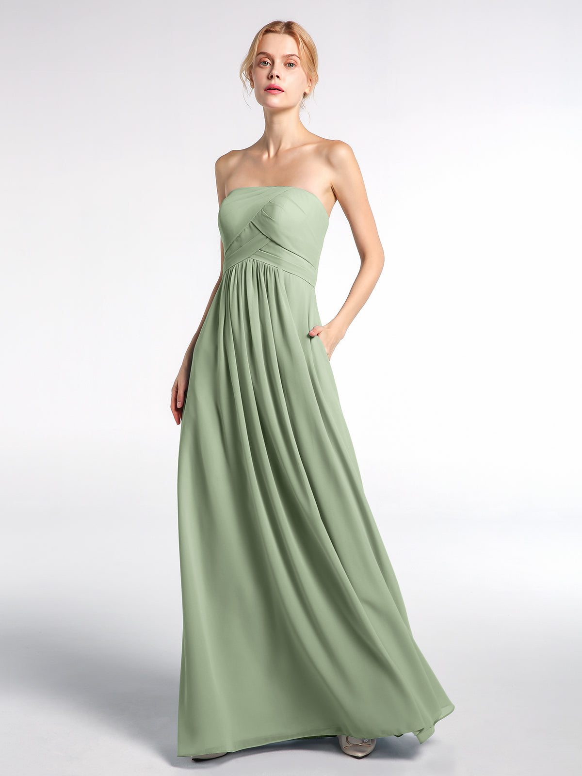 BABARONI Strapless Chiffon Empire Waist Dress with Pockets-Dusty Sage, Dusty Sage / US0