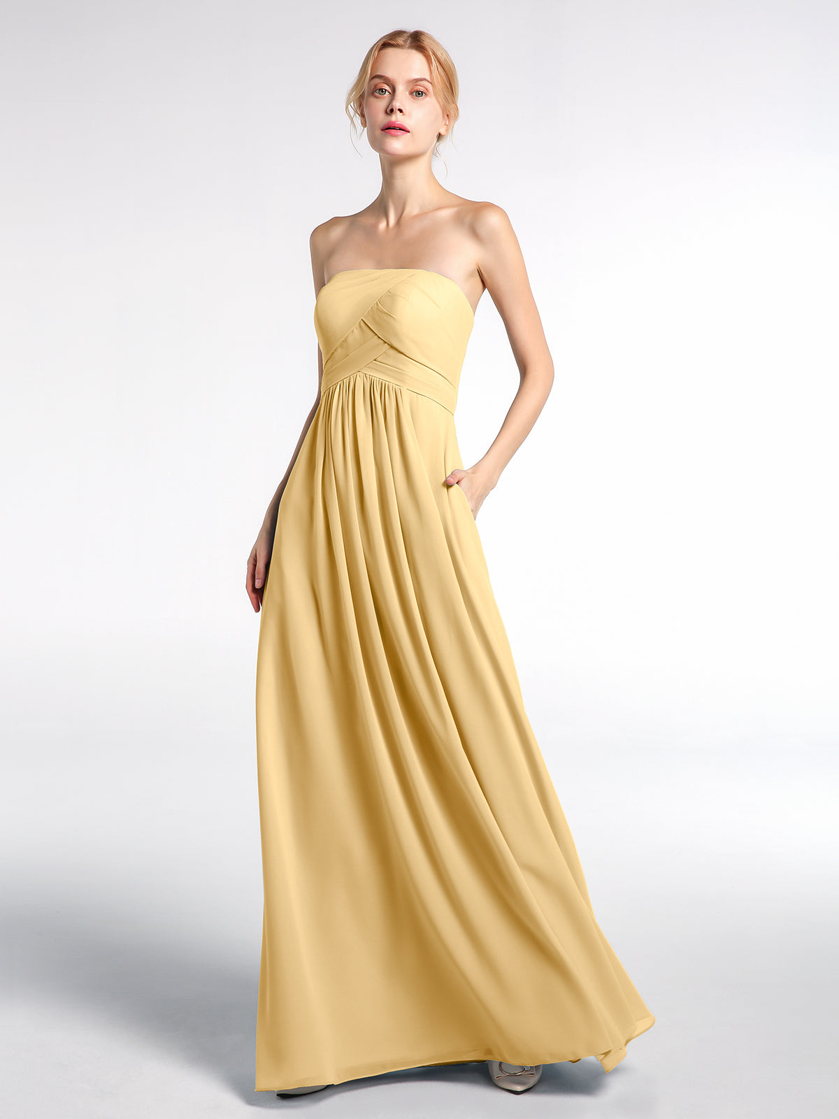 mustard yellow strapless dress BABARONI BABARONI Chiffon Gold Bridesmaid Dresses Strapless Floor-length Sleeveless Pocket Empire, Gold / US0