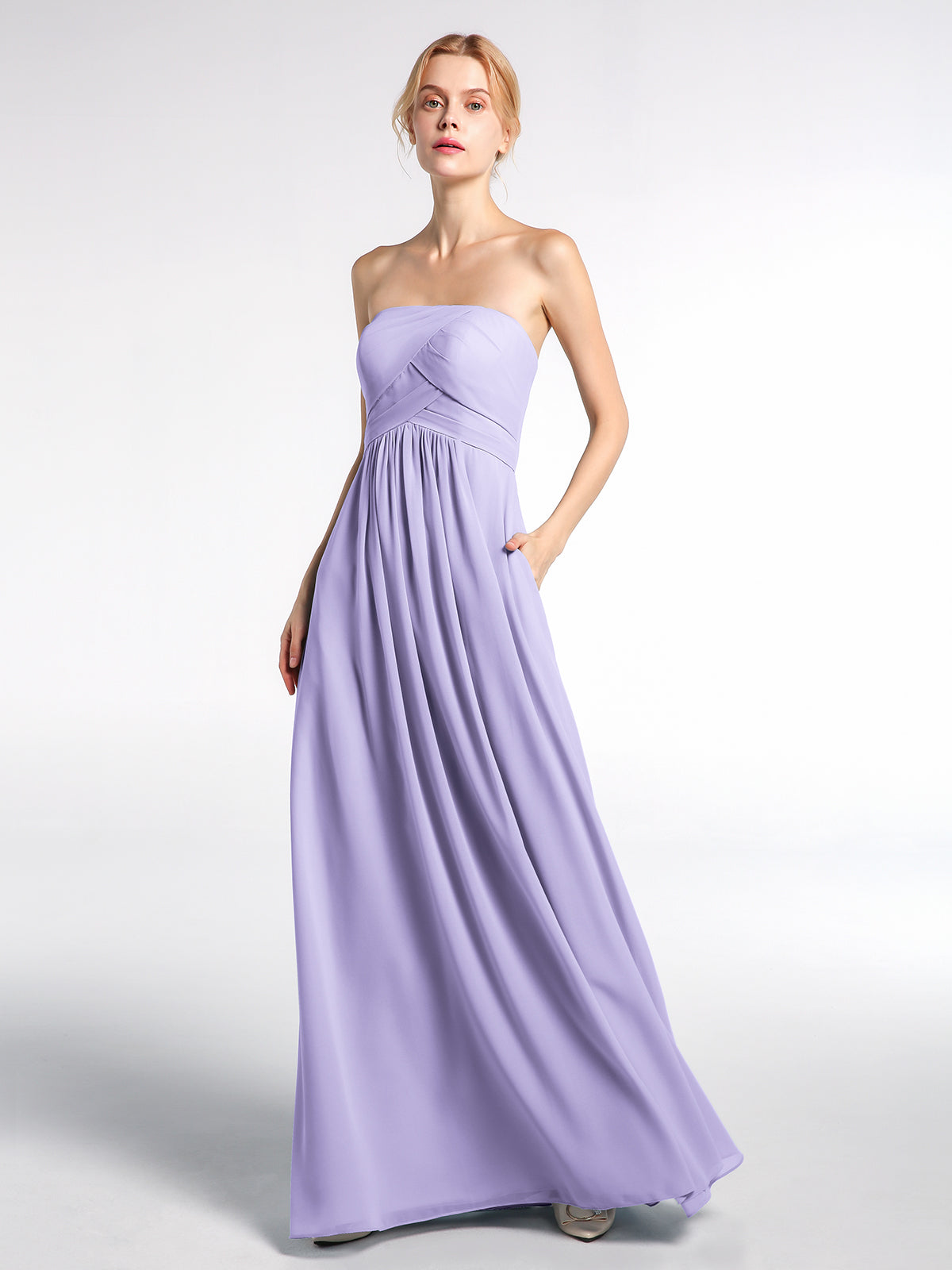lilac strapless maxi dress BABARONI BABARONI Chiffon Lilac Bridesmaid Dresses Strapless Floor-length Sleeveless Pocket Empire, Lilac / US0