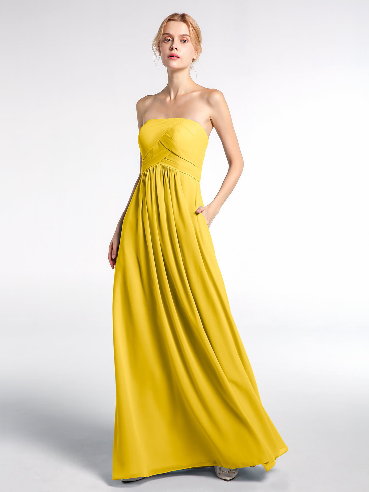 BABARONI BABARONI Chiffon Marigold Bridesmaid Dresses Strapless Floor-length Sleeveless Pocket Empire, Marigold / US0 BABARONI BABARONI Chiffon Marigold Bridesmaid Dresses Strapless Floor-length Sleeveless Pocket Empire, Marigold / US0