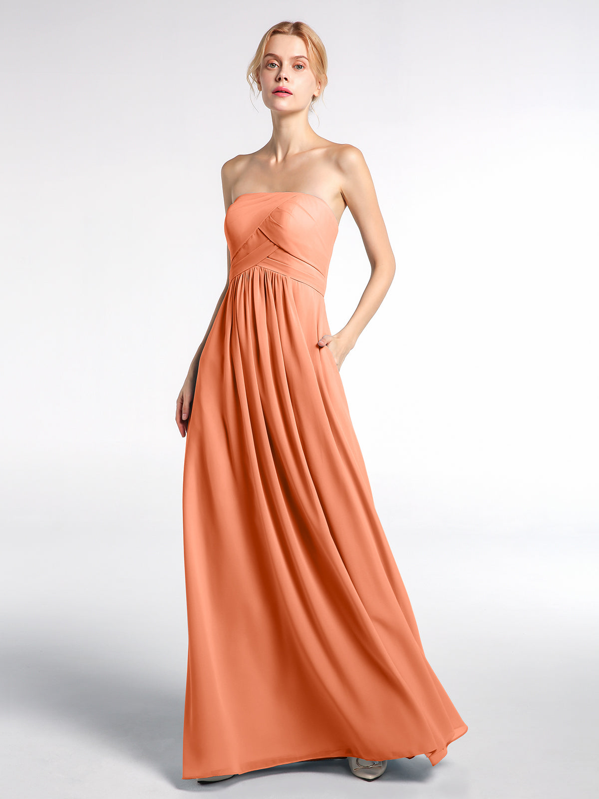 coral strapless maxi dress BABARONI BABARONI Chiffon Papaya Bridesmaid Dresses Strapless Floor-length Sleeveless Pocket Empire, Papaya / US0