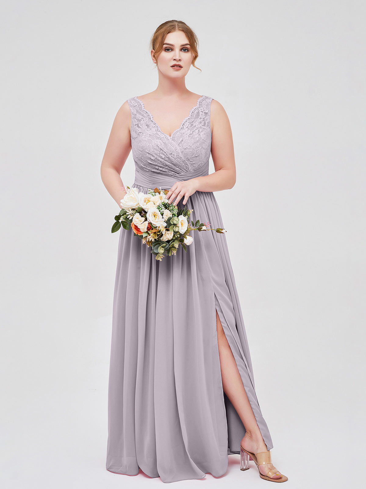 Deep-V Neck Chiffon Dresses with Slit Pockets Dusty Sage Plus Size