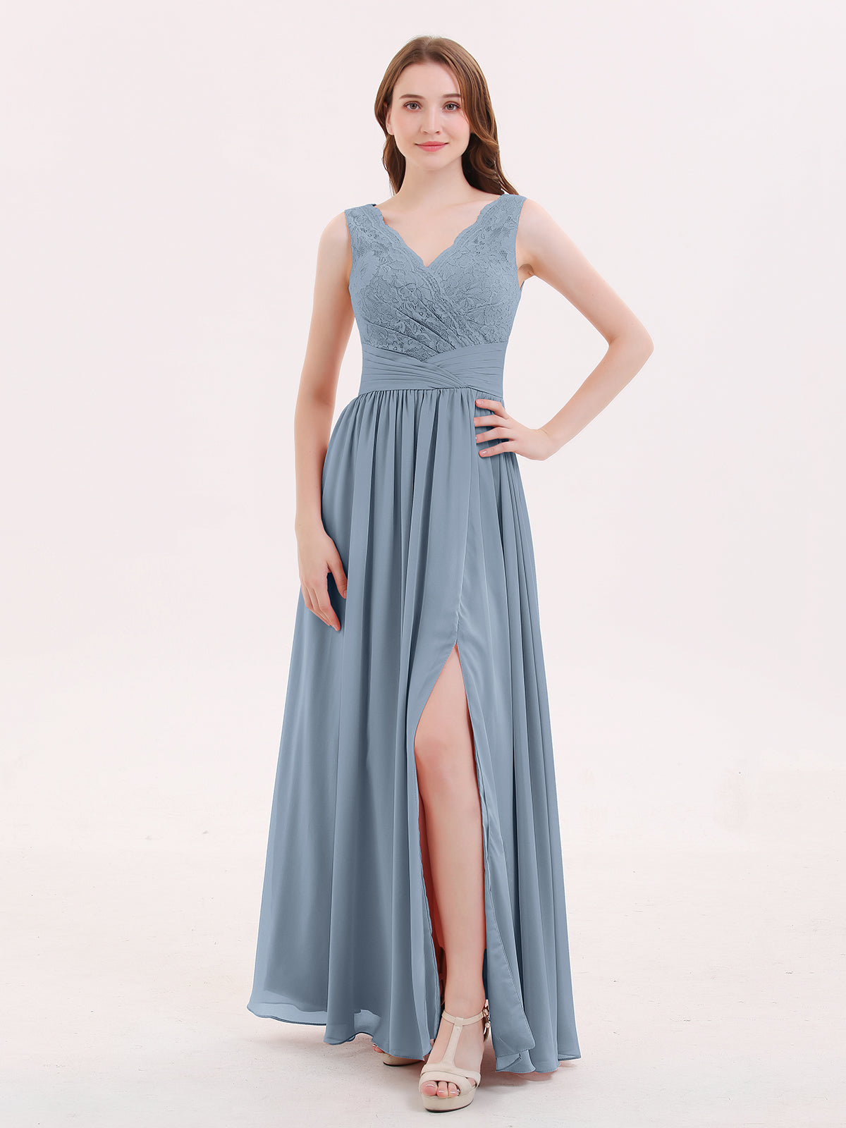 BABARONI V Neck Chiffon And Lace Dress with Slit Dusty Blue, Dusty Blue / US0