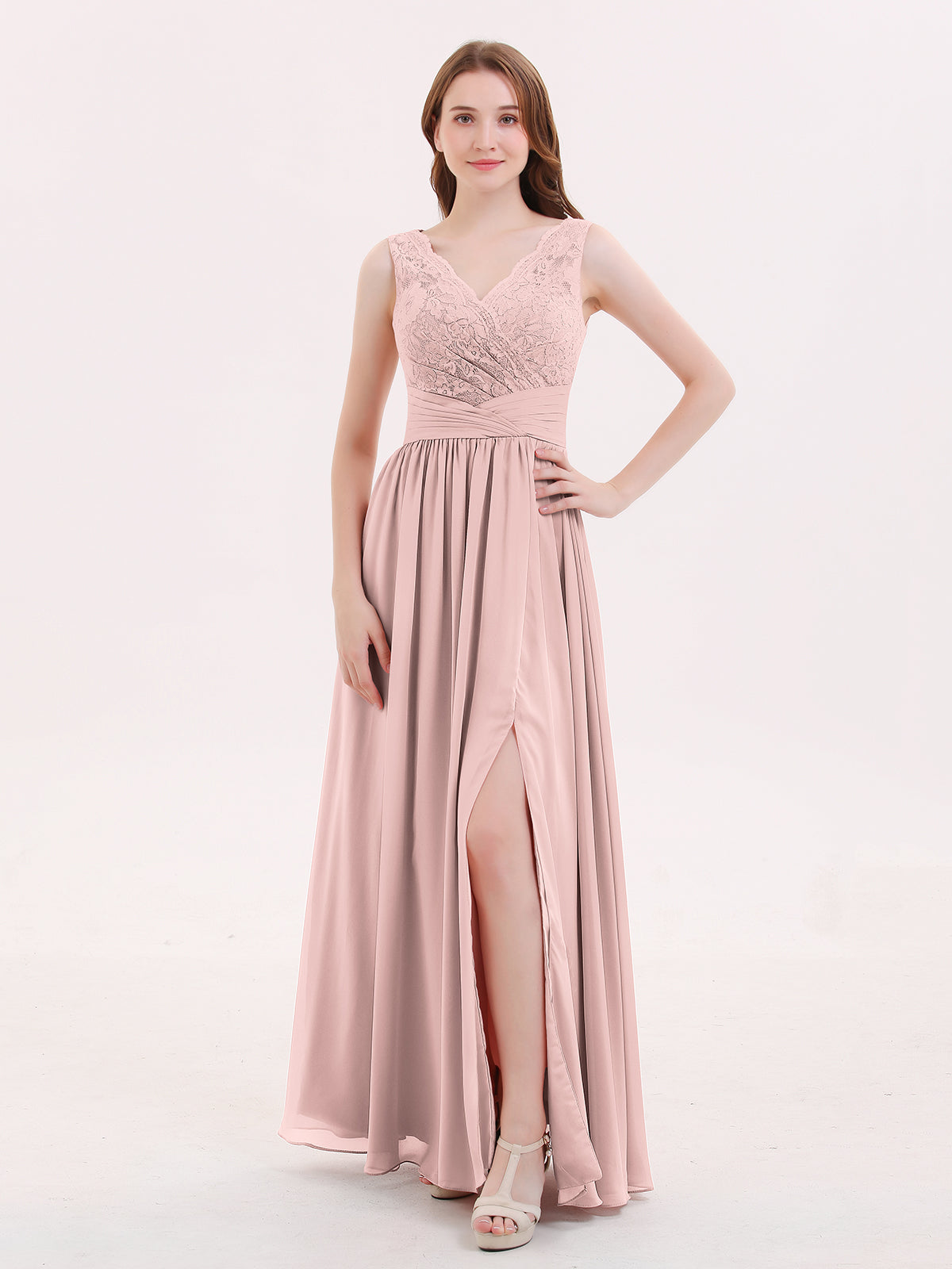 BABARONI V Neck Chiffon and Lace Dress with Slit Dusty Rose, Dusty Rose / US0