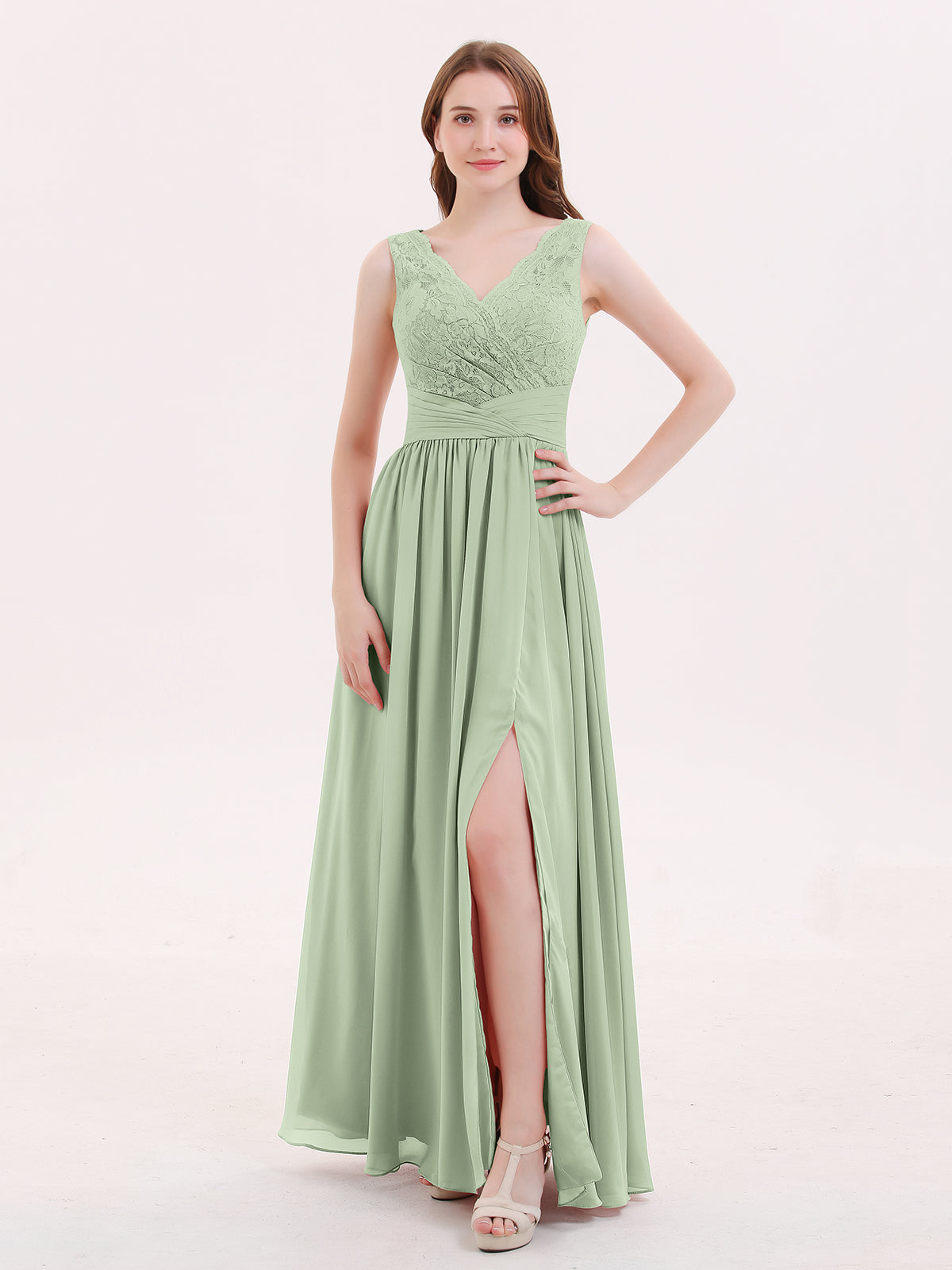 BABARONI V Neck Chiffon And Lace Dress with Slit Dusty Sage, Dusty Sage / US0 BABARONI V Neck Chiffon And Lace Dress with Slit Dusty Sage, Dusty Sage / US0