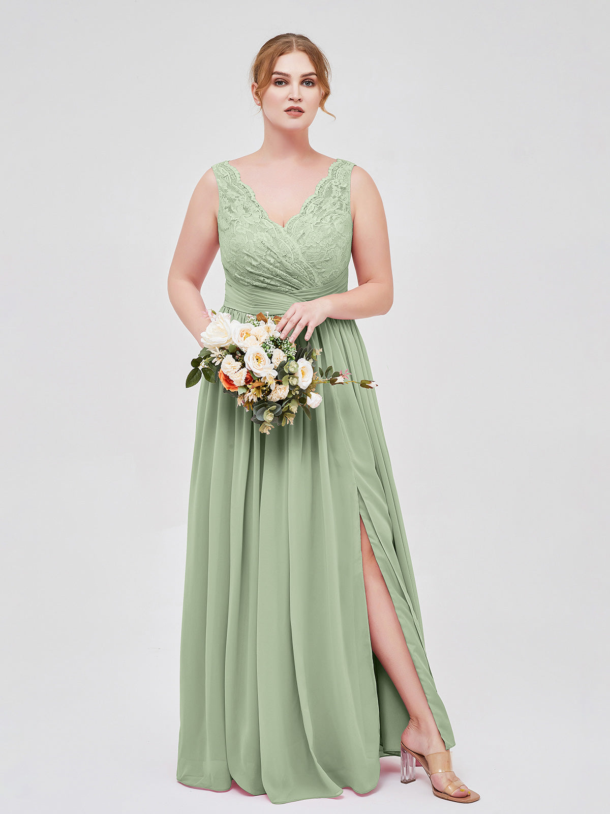 Dusty Sage Plus Size Chiffon Lace Bridesmaid Dress V-Neck High Slit Maxi Gown for Wedding Party | BABARONI Dusty Sage Plus Size Chiffon Lace Bridesmaid Dress V-Neck High Slit Maxi Gown for Wedding Party | BABARONI