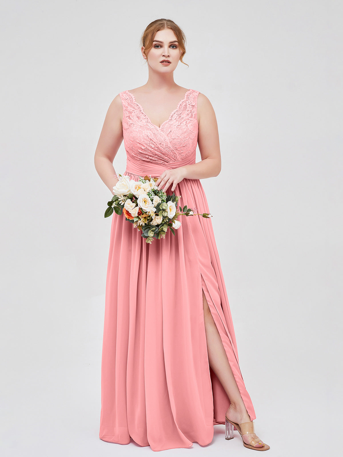 flamingo bridesmaid dresses Flamingo Plus Size Chiffon Lace Bridesmaid Dress V-Neck High Slit Maxi Gown for Wedding Party