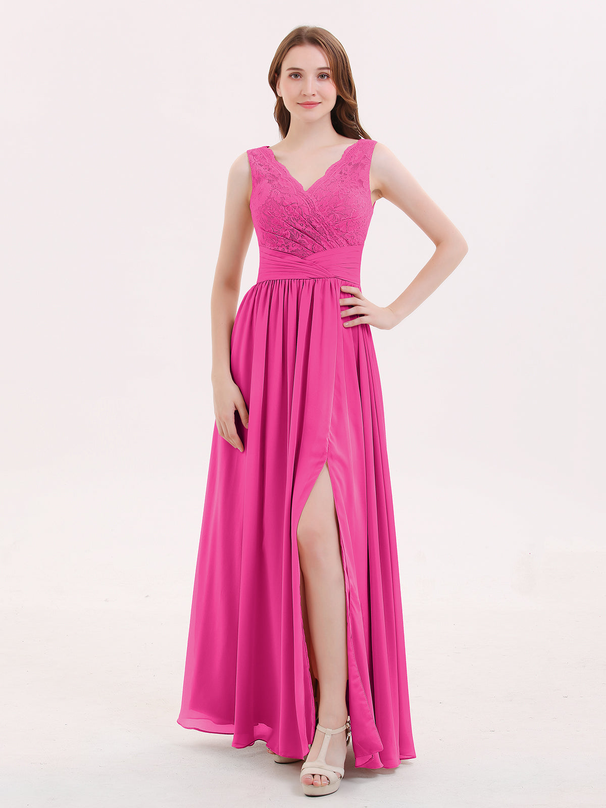blue dress for baby girl Alessia Elegant Cowl Pleated Long Chiffon Bridesmaid Dresses, Fuchsia main image 0