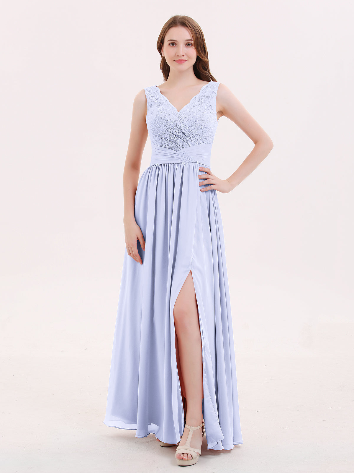 chinese dress ladies BABARONI V Neck Chiffon and Lace Dress with Slit Lavender, Lavender / US0