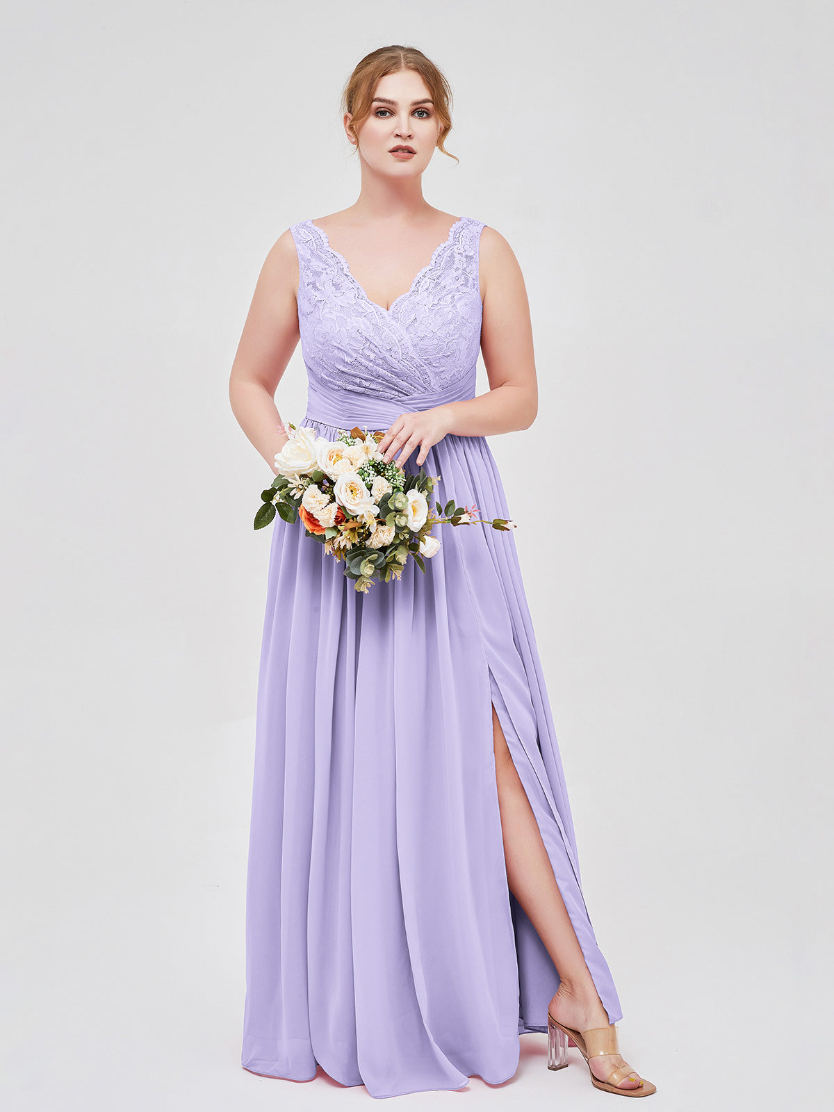 Lilac Plus Size Chiffon Lace Bridesmaid Dress V-Neck High Slit Maxi Gown for Wedding Party