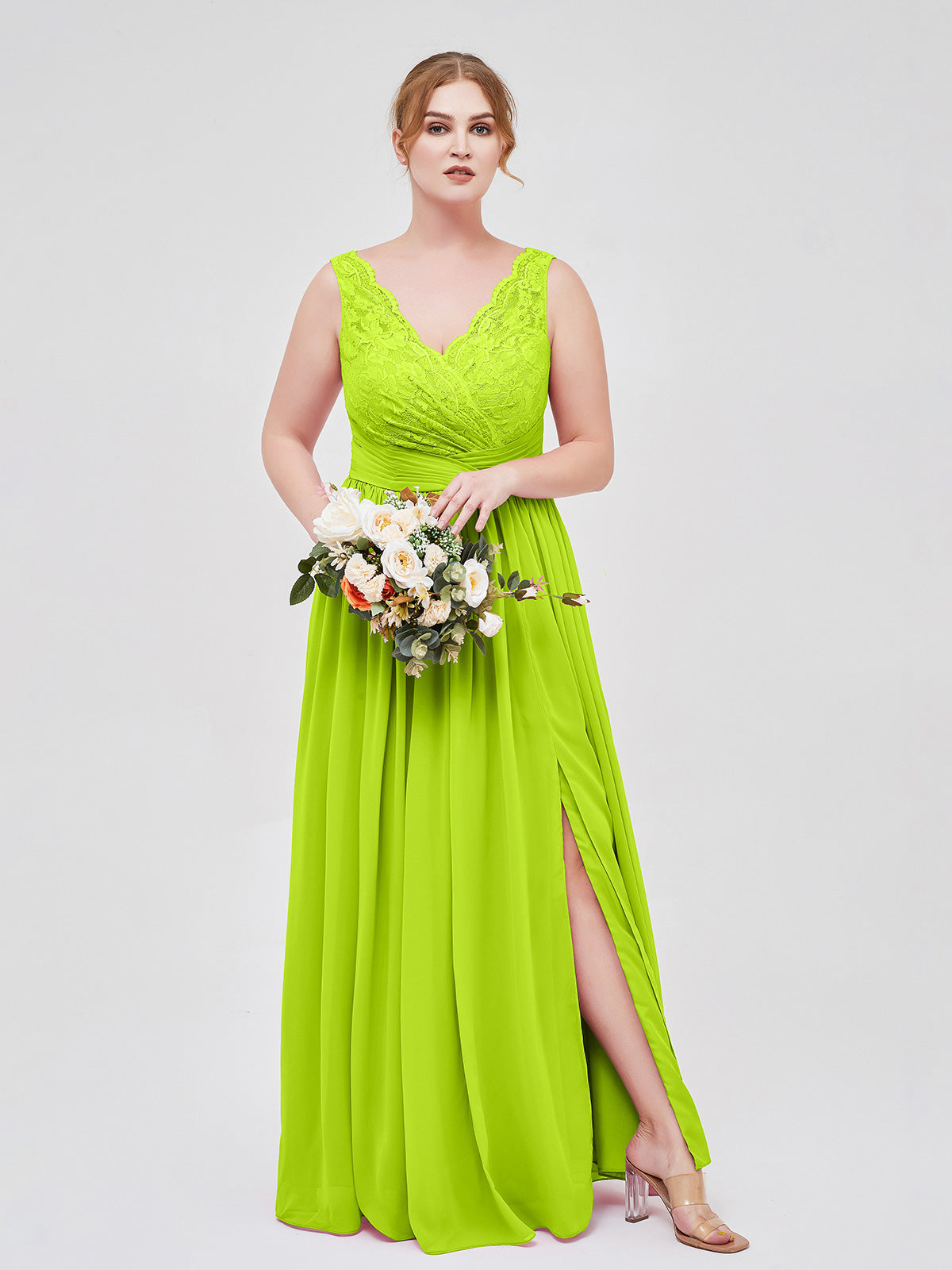 Lime Green Plus Size Chiffon Lace Bridesmaid Dress V-Neck High Slit Maxi Gown for Wedding Party Lime Green Plus Size Chiffon Lace Bridesmaid Dress V-Neck High Slit Maxi Gown for Wedding Party
