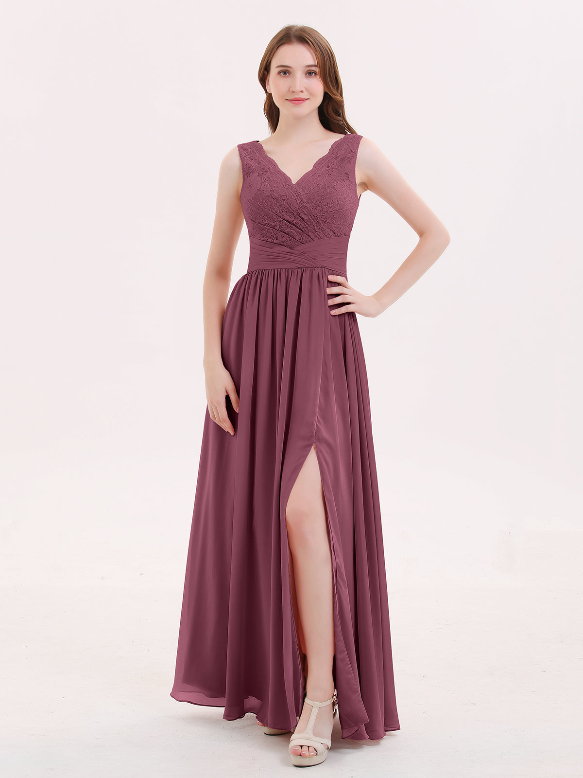 BABARONI BABARONI Chiffon Mulberry Bridesmaid Dresses V-neck Floor-length Sleeveless Pleated with Slit A-line, Mulberry / US0