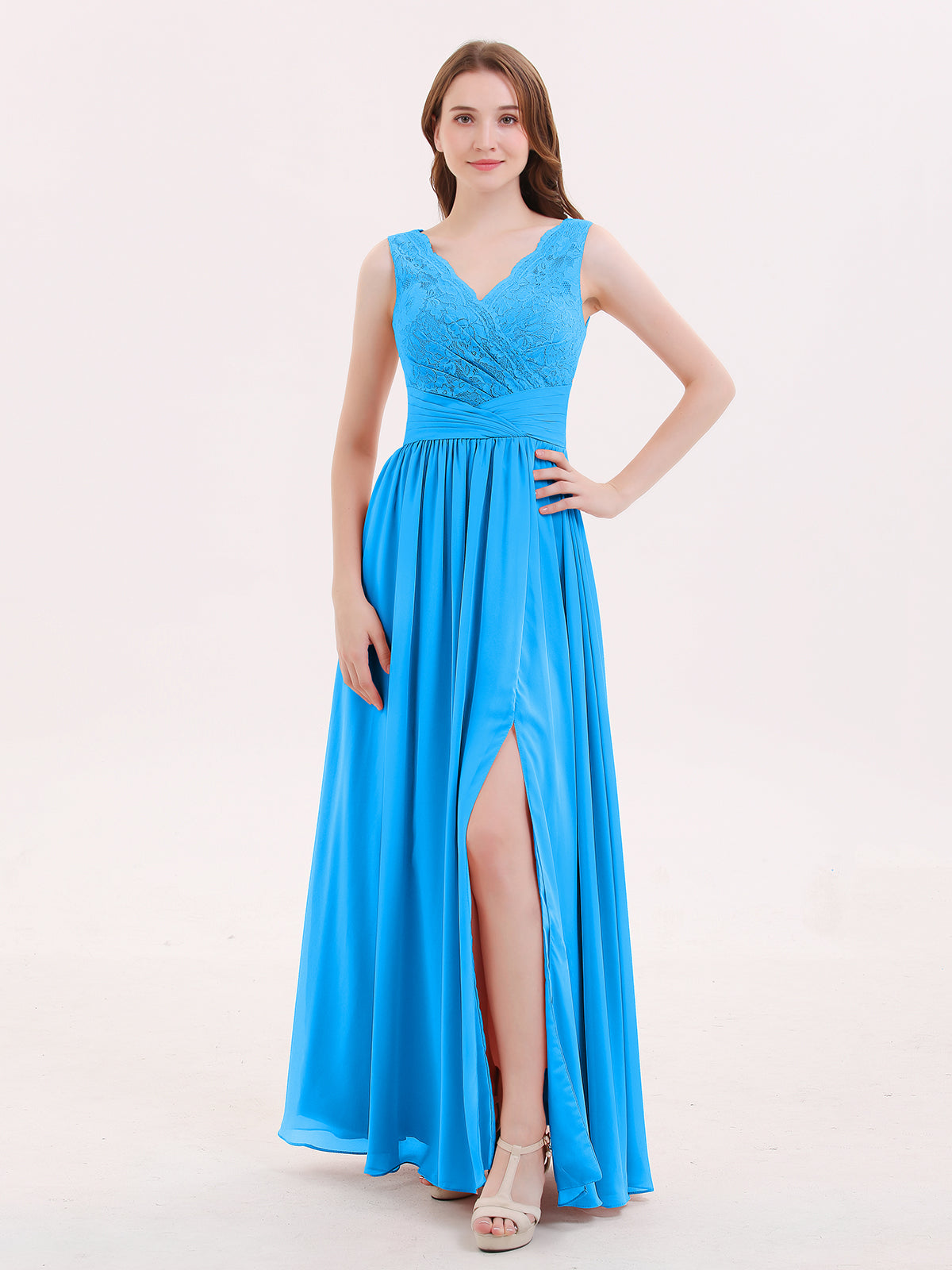 BABARONI Chiffon Ocean Blue Bridesmaid Dresses V-neck Floor-length