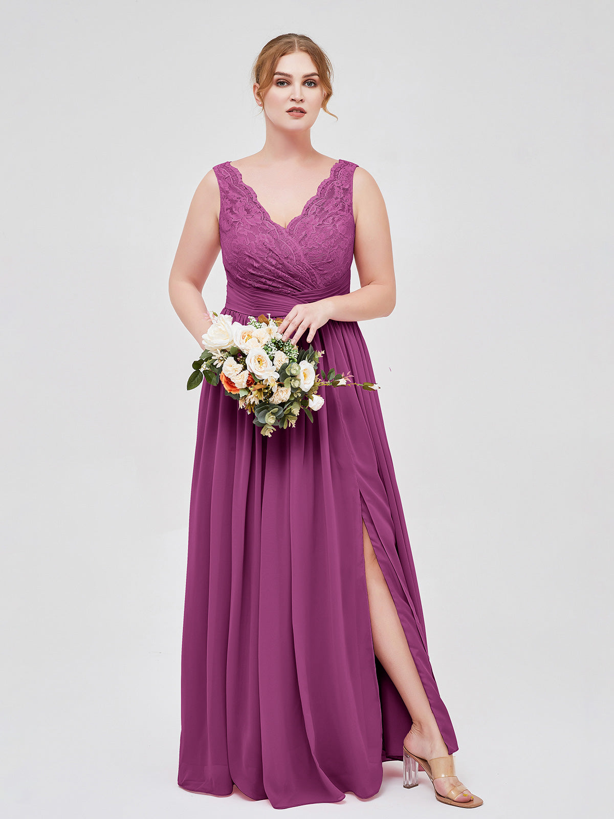 V-Neck Chiffon Dresses with Cap Sleeves Orchid Plus Size