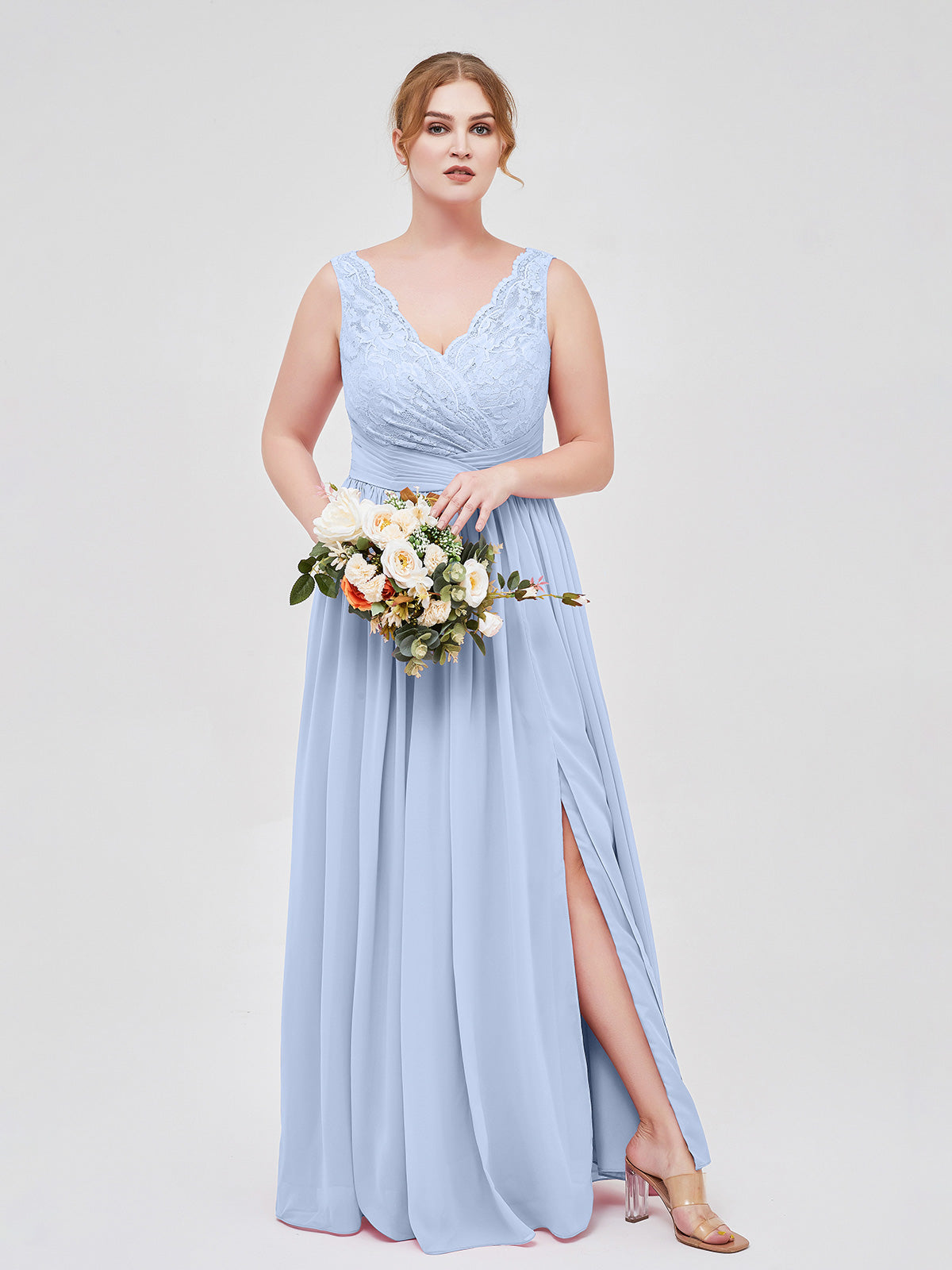Sky Blue Plus Size Chiffon Lace Bridesmaid Dress V-Neck High Slit Maxi Gown for Wedding Party Sky Blue Plus Size Chiffon Lace Bridesmaid Dress V-Neck High Slit Maxi Gown for Wedding Party