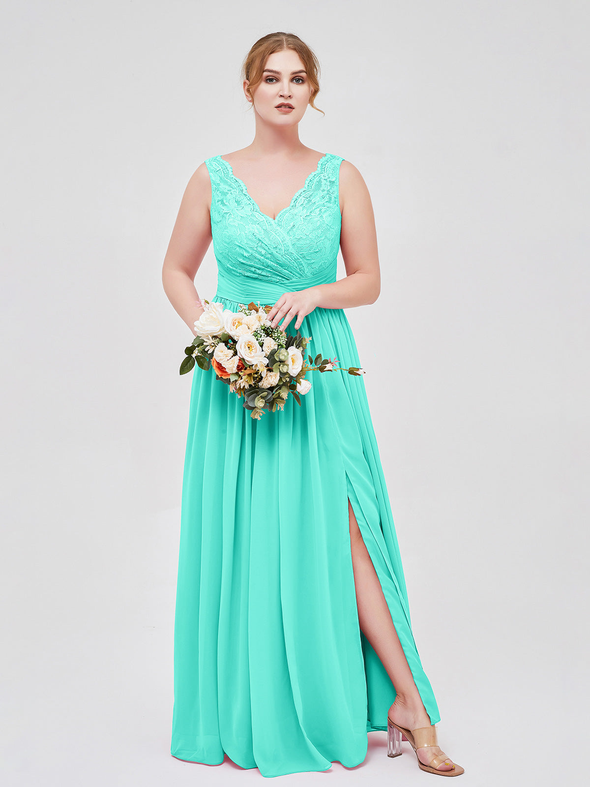 Illusion Neck Chiffon and Lace Short Dress Spa Plus Size main image 0