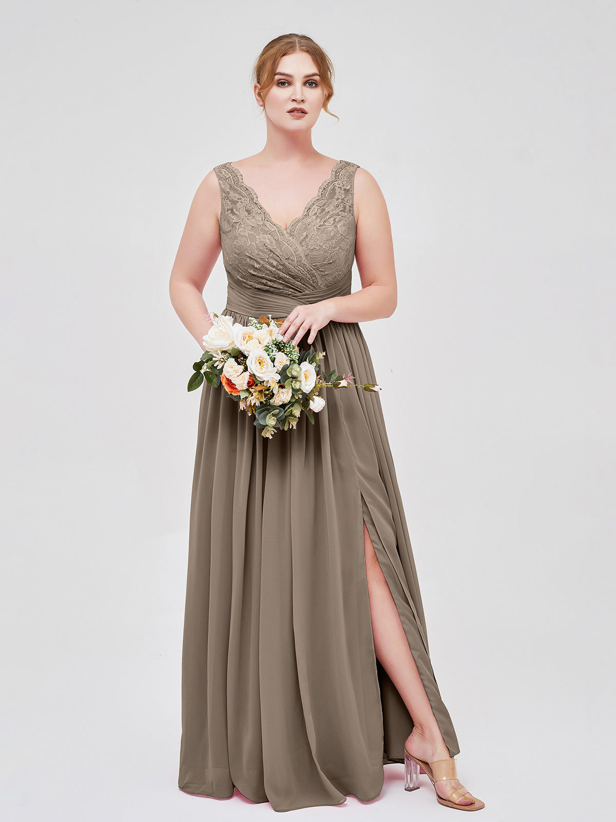 Chiffon Bateau Neck Formal Dress with Dramatic Back Drape Taupe main image 1