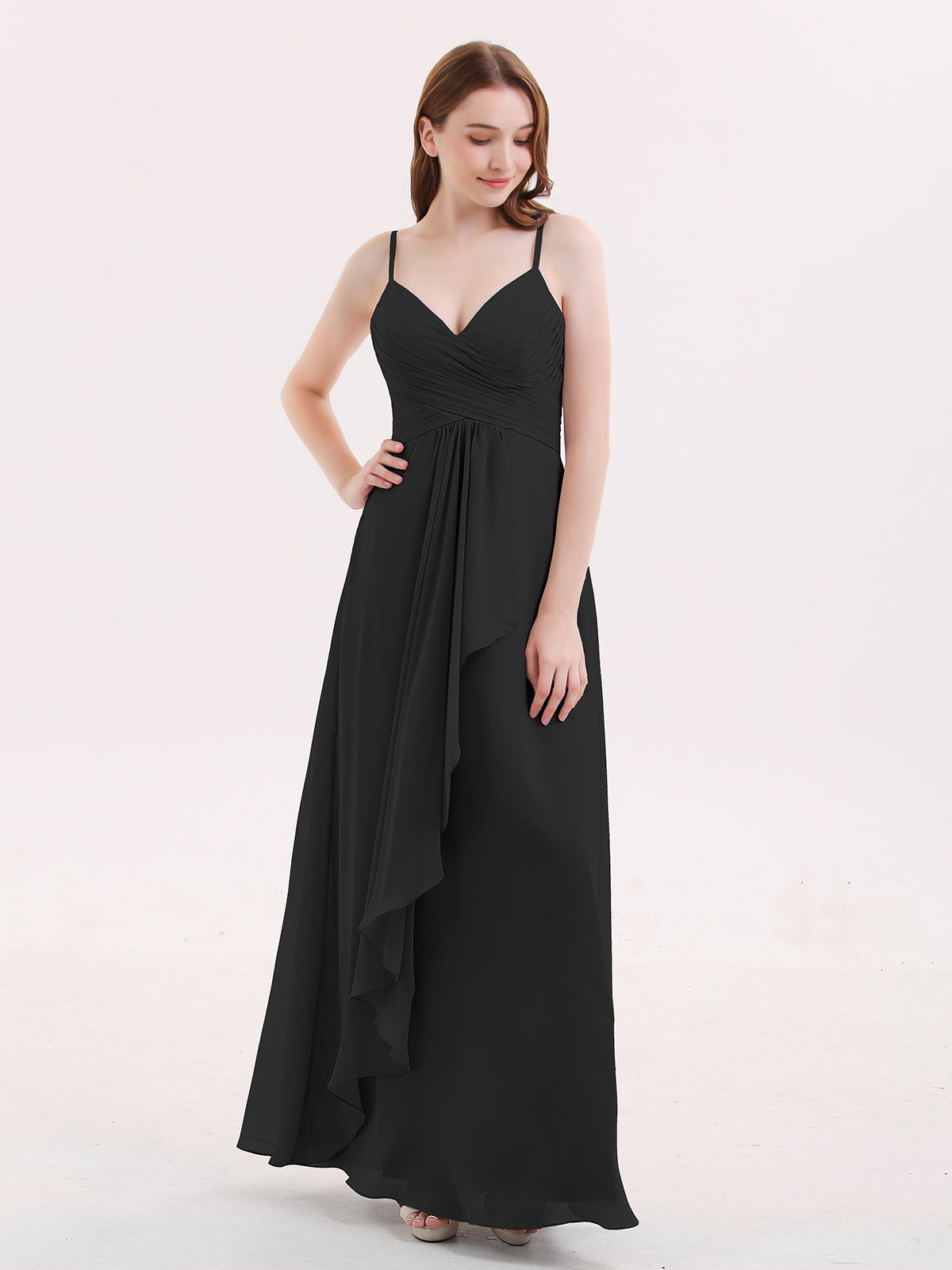 BABARONI Chiffon Bridesmaid Dresses with Cascade Skirt-Black, Black / US0