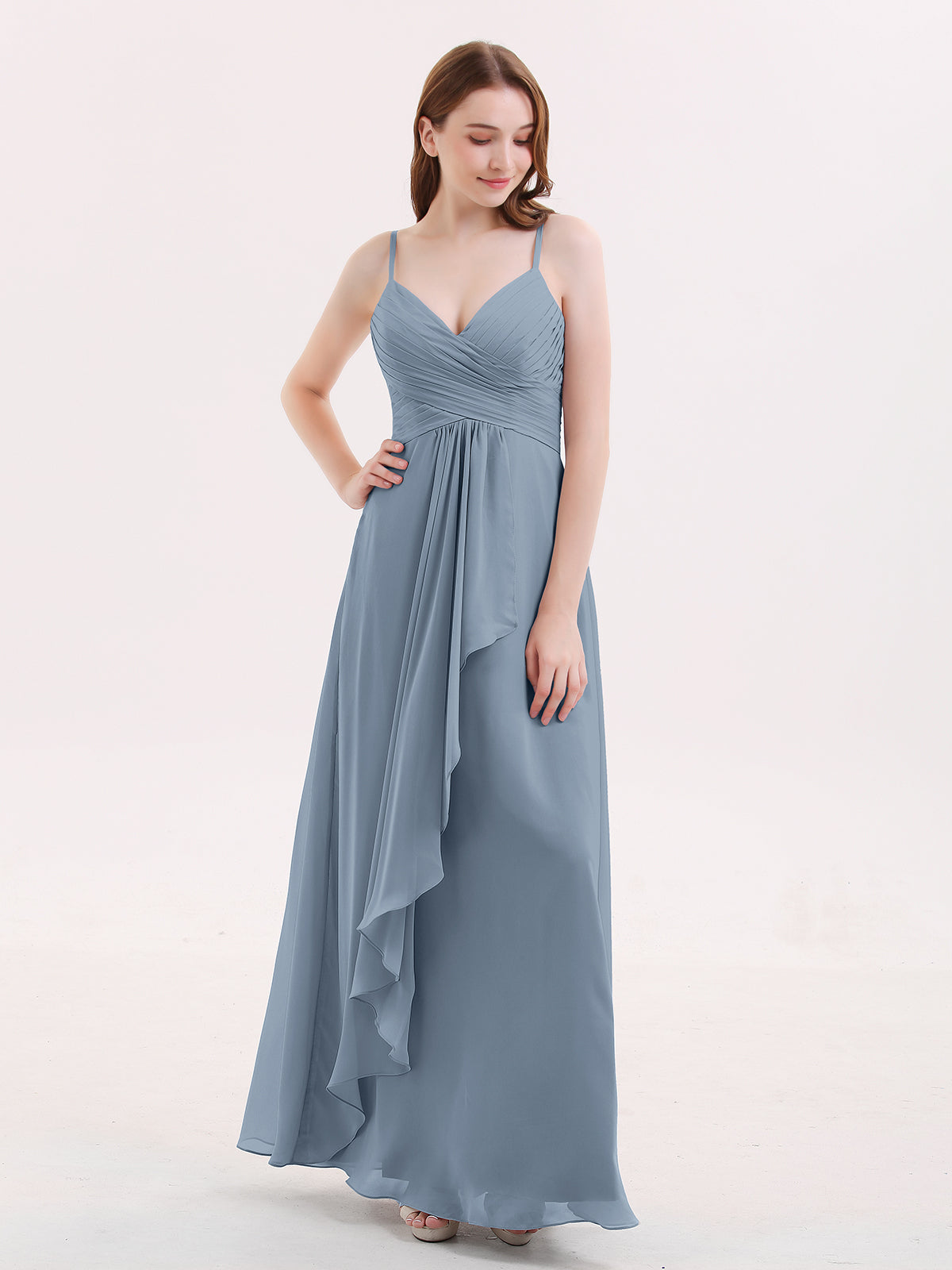 BABARONI Chiffon Dusty Blue Bridesmaid Dresses V-neck Floor-length Spaghetti Straps Ruched Empire BABARONI Chiffon Dusty Blue Bridesmaid Dresses V-neck Floor-length Spaghetti Straps Ruched Empire